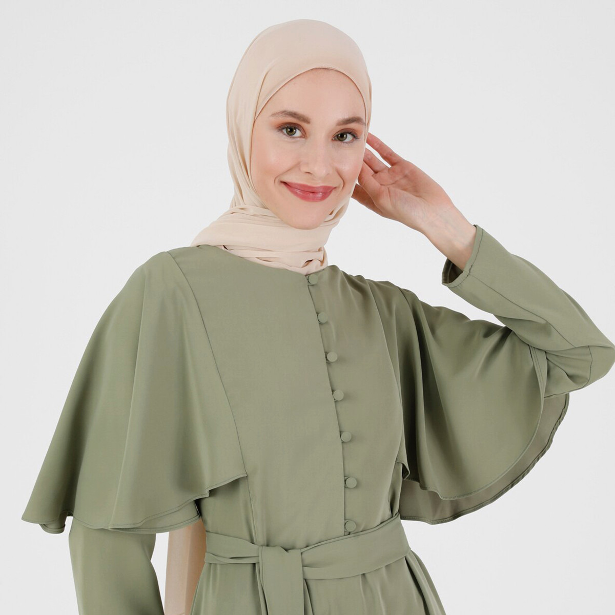 Modanisa Women Green Plain Tie Belt Dress with Button Closure-women-clothing-dresses-image-2