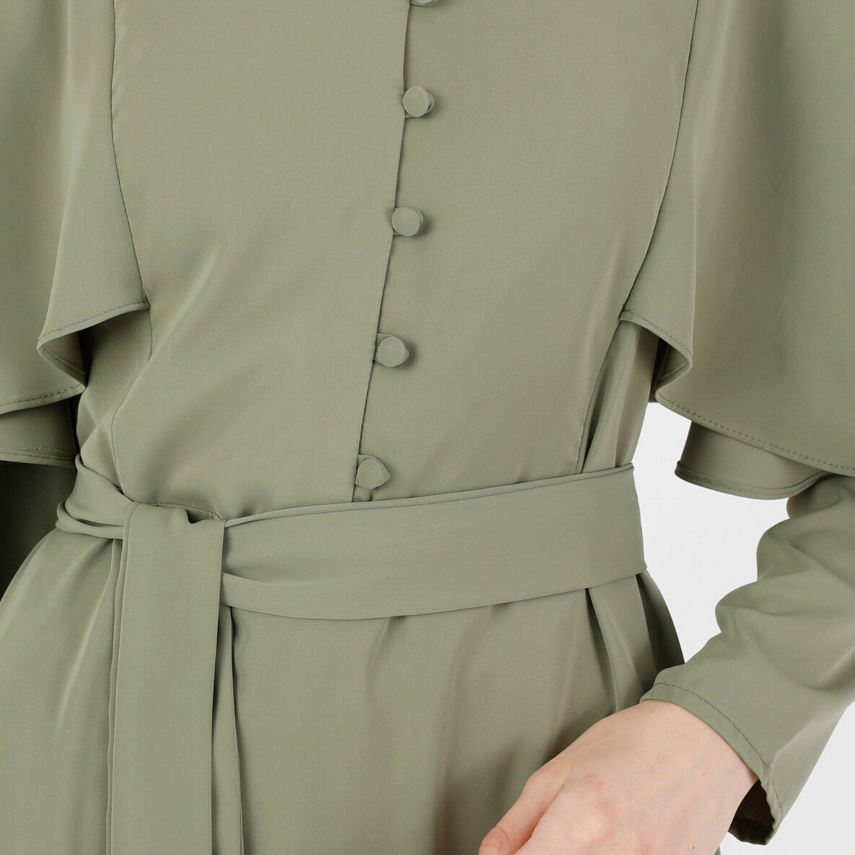 Modanisa Women Green Plain Tie Belt Dress with Button Closure-women-clothing-dresses-image-3