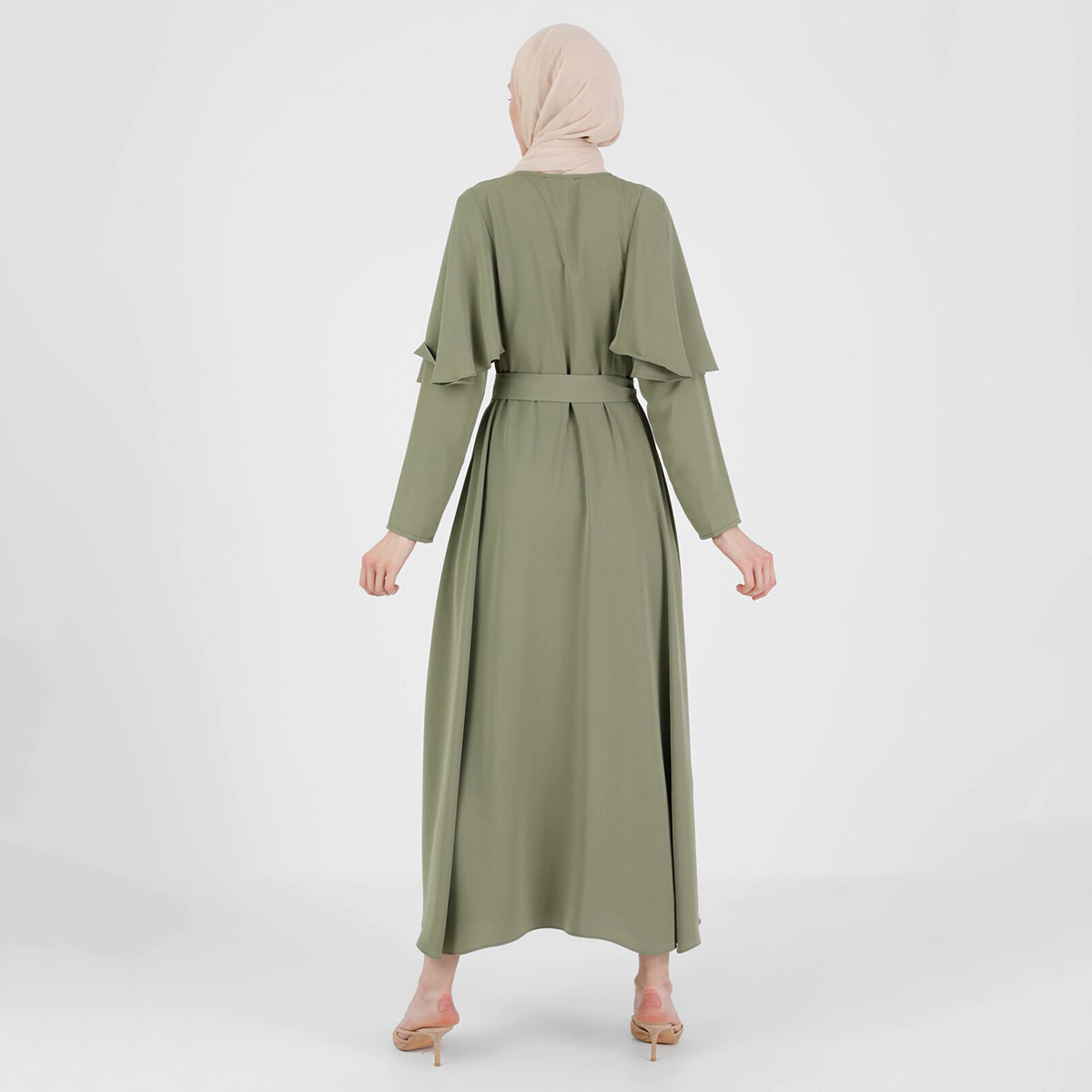 Modanisa Women Green Plain Tie Belt Dress with Button Closure-women-clothing-dresses-image-4