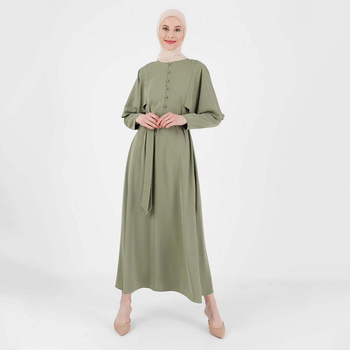 Modanisa Women Green Plain Tie Belt Dress with Button Closure-women-clothing-dresses-image-5