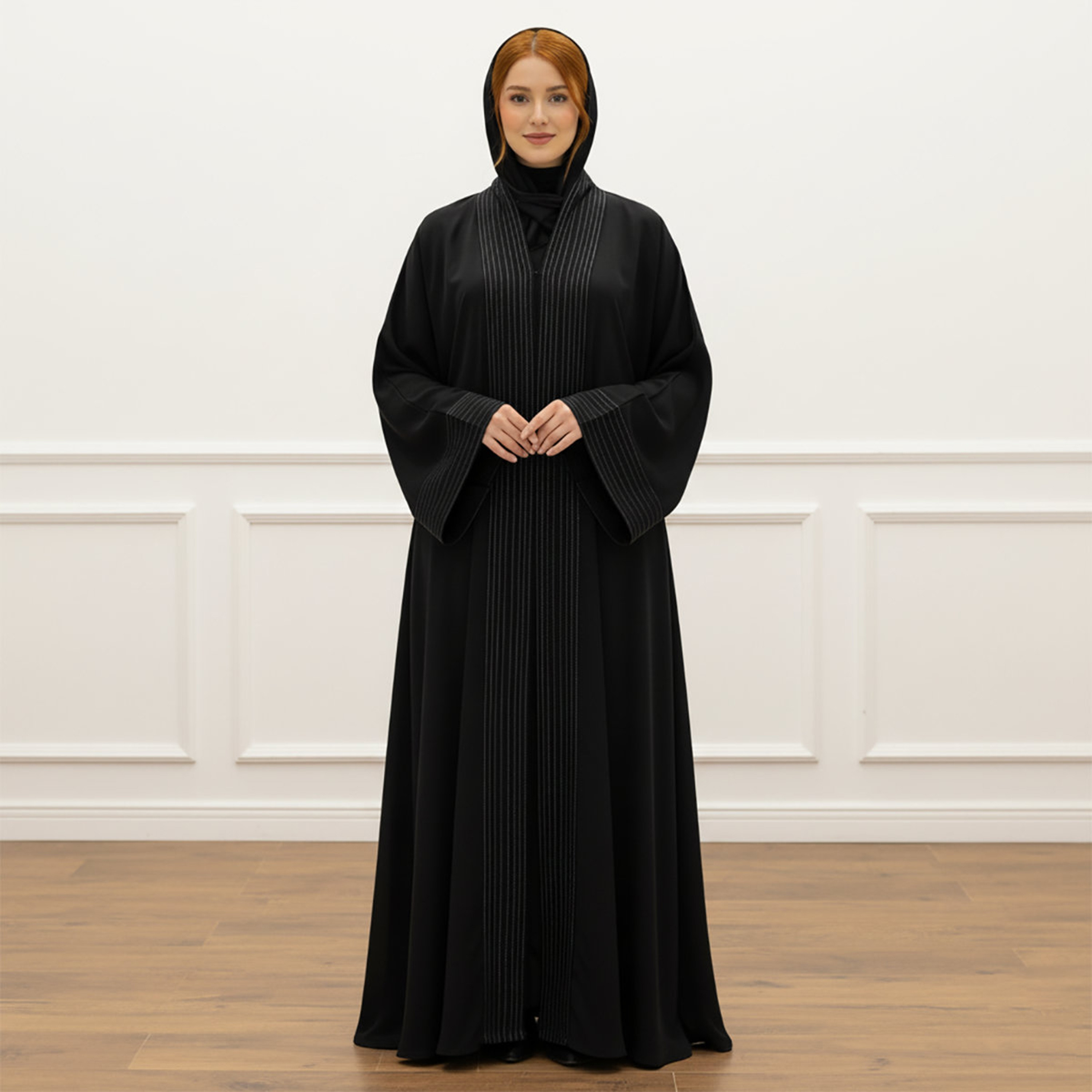 Nukhbaa Black Striped Wide Sleeves Women's Flowy Abaya with Hijab-women-arabicclothing-abayas-image-1