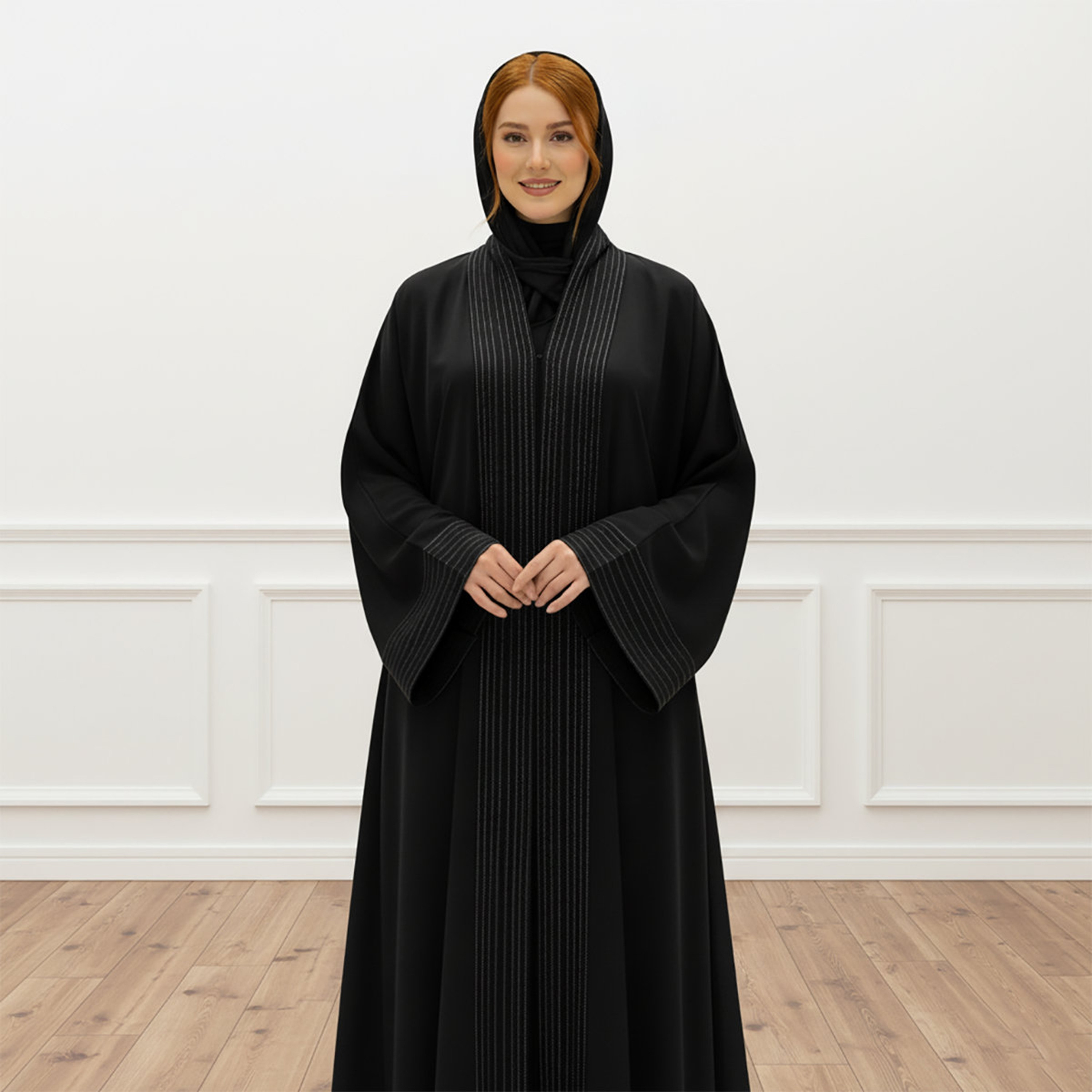 Nukhbaa Black Striped Wide Sleeves Women's Flowy Abaya with Hijab-women-arabicclothing-abayas-image-2