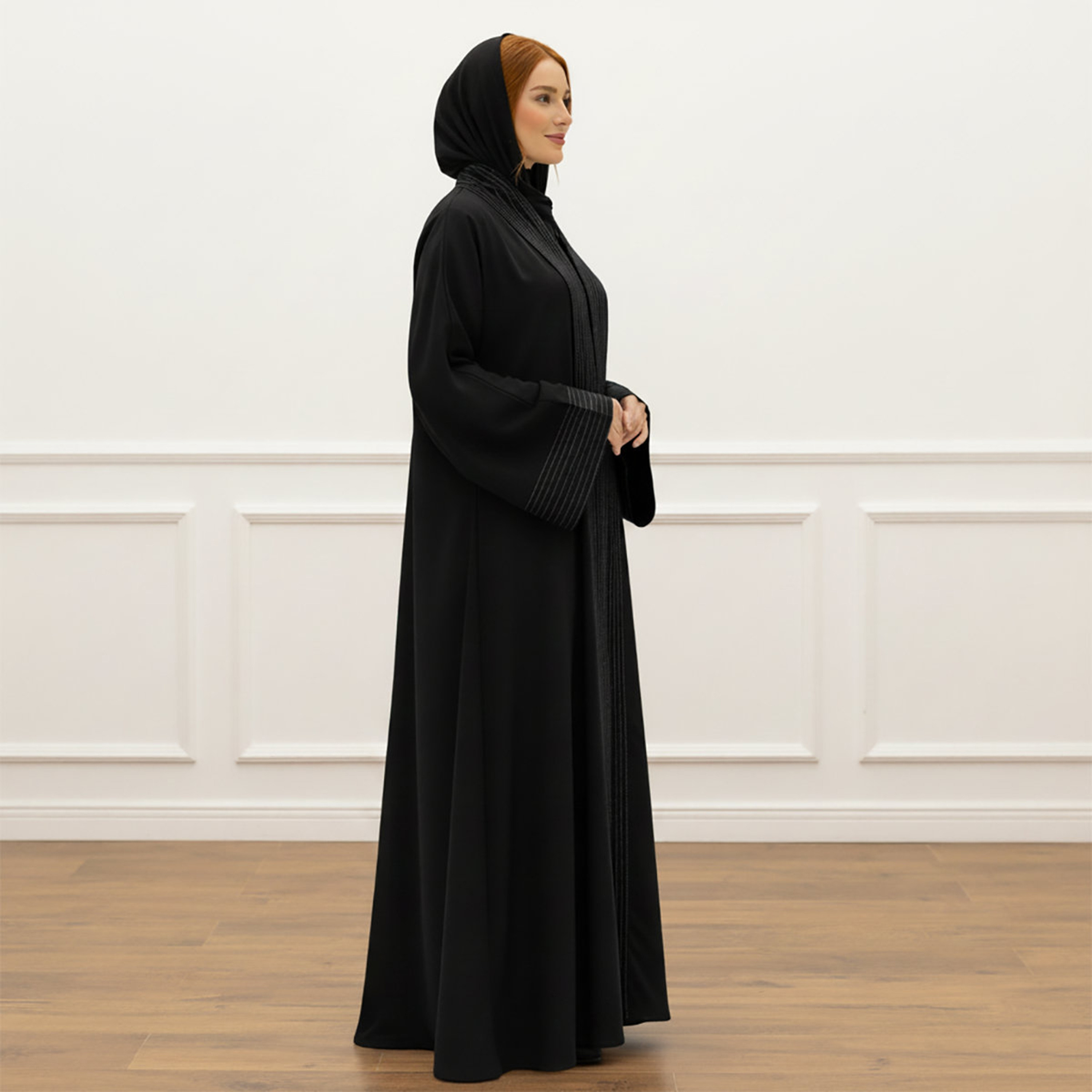 Nukhbaa Black Striped Wide Sleeves Women's Flowy Abaya with Hijab-women-arabicclothing-abayas-image-3