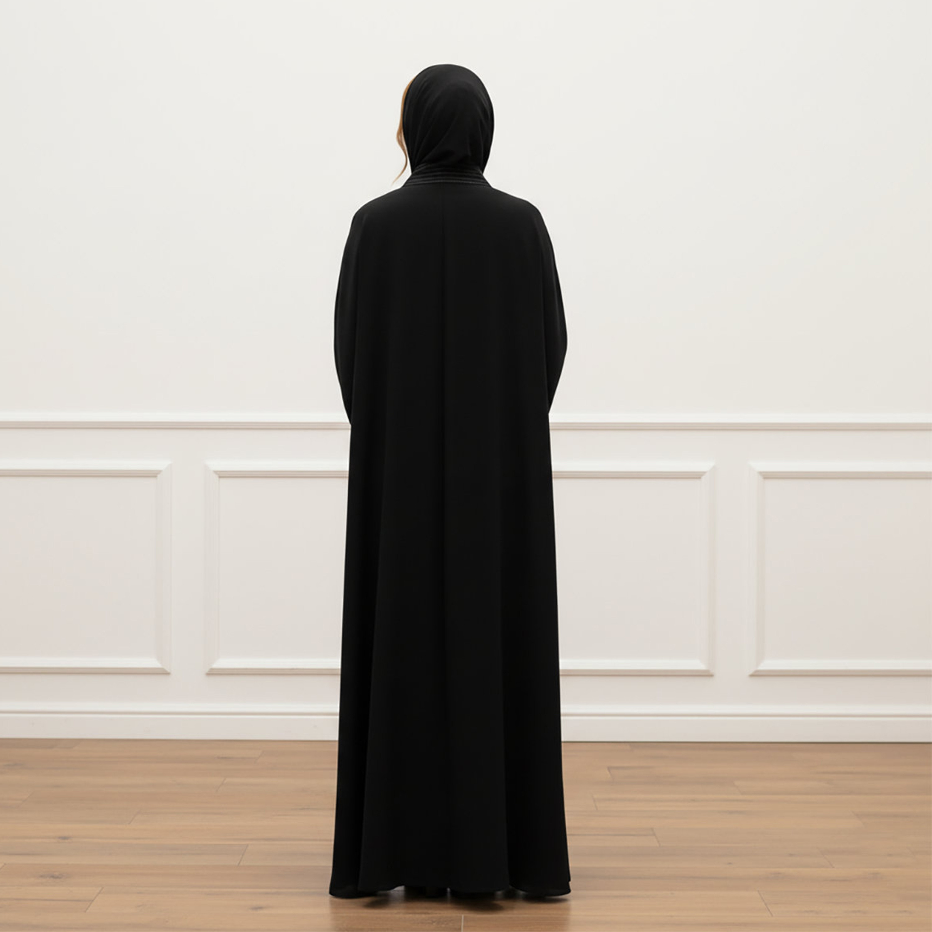 Nukhbaa Black Striped Wide Sleeves Women's Flowy Abaya with Hijab-women-arabicclothing-abayas-image-4