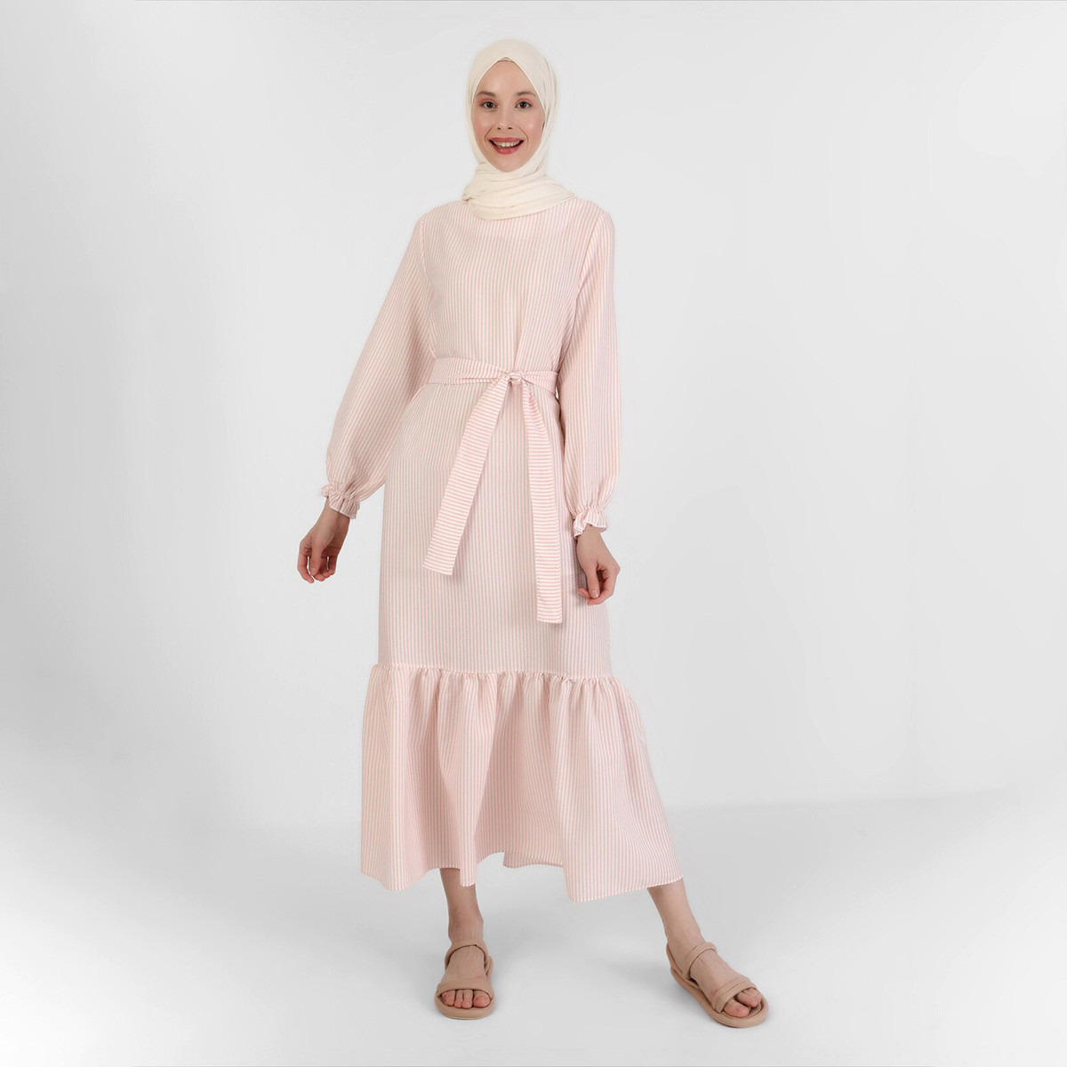 Modanisa Women Pink Striped Back Keyhole Button Tie Belt Dress-women-clothing-dresses-image-1