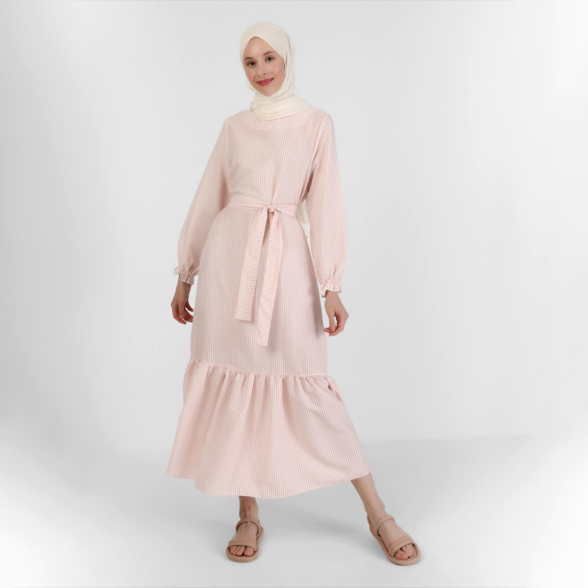 Modanisa Women Pink Striped Back Keyhole Button Tie Belt Dress-women-clothing-dresses-image-2