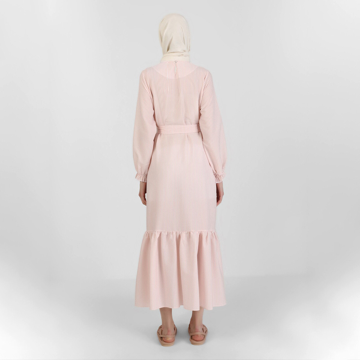 فستان مودانيسا نسائي مخطط بلون وردي من الخلف بفتحة زر و حزام ربط-women-clothing-dresses-image-5