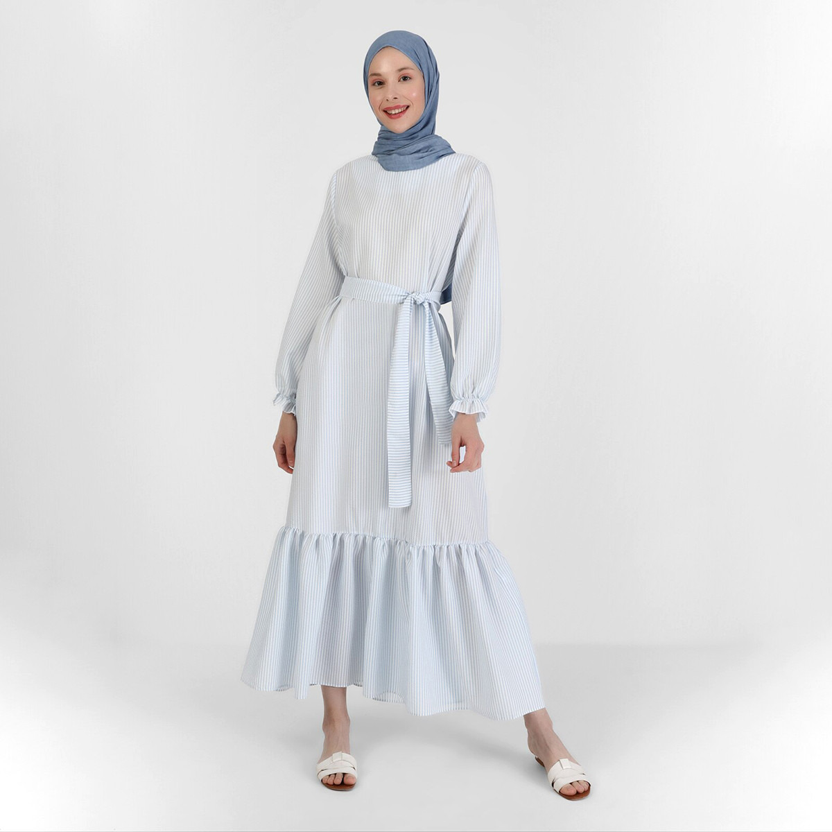 Modanisa Women Blue Striped Back Keyhole Button Tie Belt Dress-women-clothing-dresses-image-1