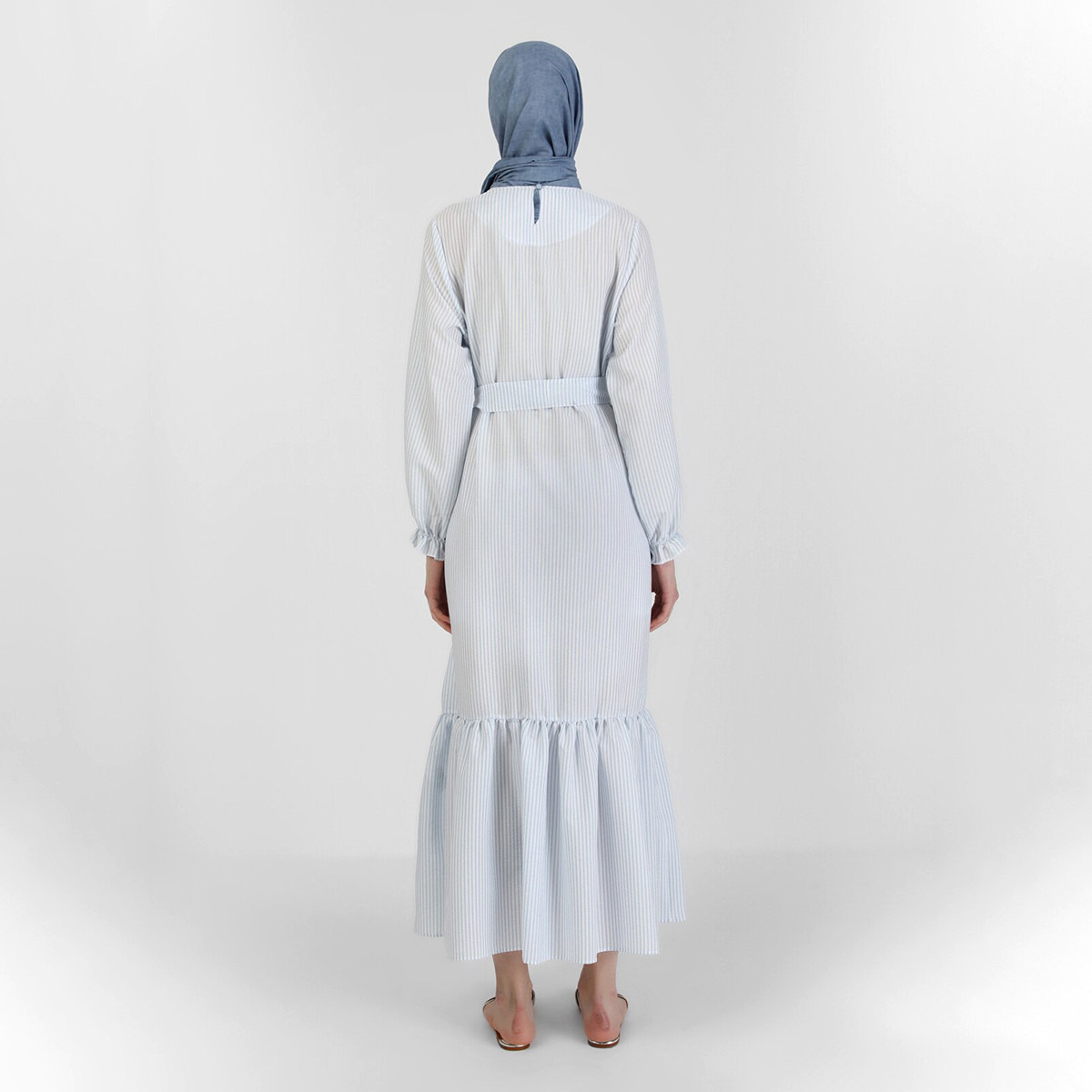 Modanisa Women Blue Striped Back Keyhole Button Tie Belt Dress-women-clothing-dresses-image-2