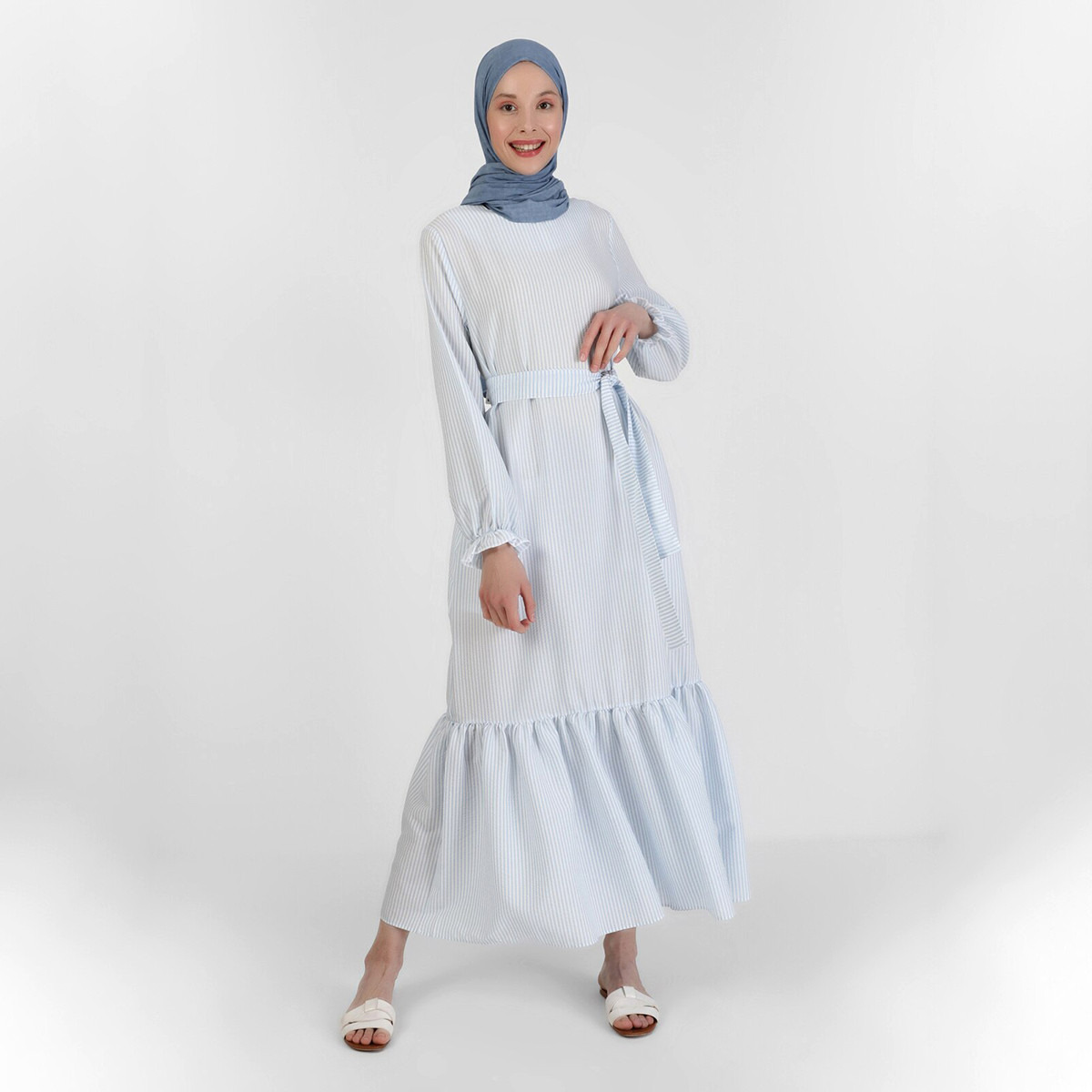 Modanisa Women Blue Striped Back Keyhole Button Tie Belt Dress-women-clothing-dresses-image-3