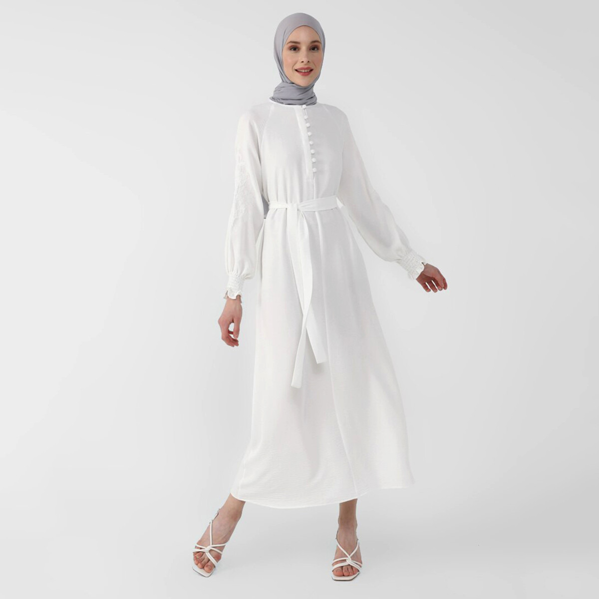 Modanisa Women White Plain Tie Belt Dress with Button Closure-women-clothing-dresses-image-1