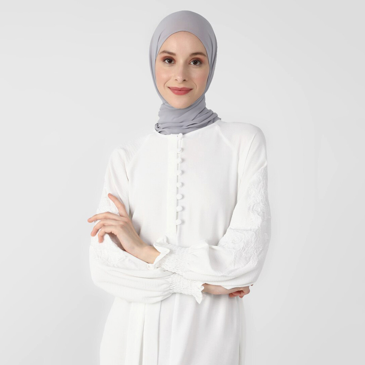 Modanisa Women White Plain Tie Belt Dress with Button Closure-women-clothing-dresses-image-2