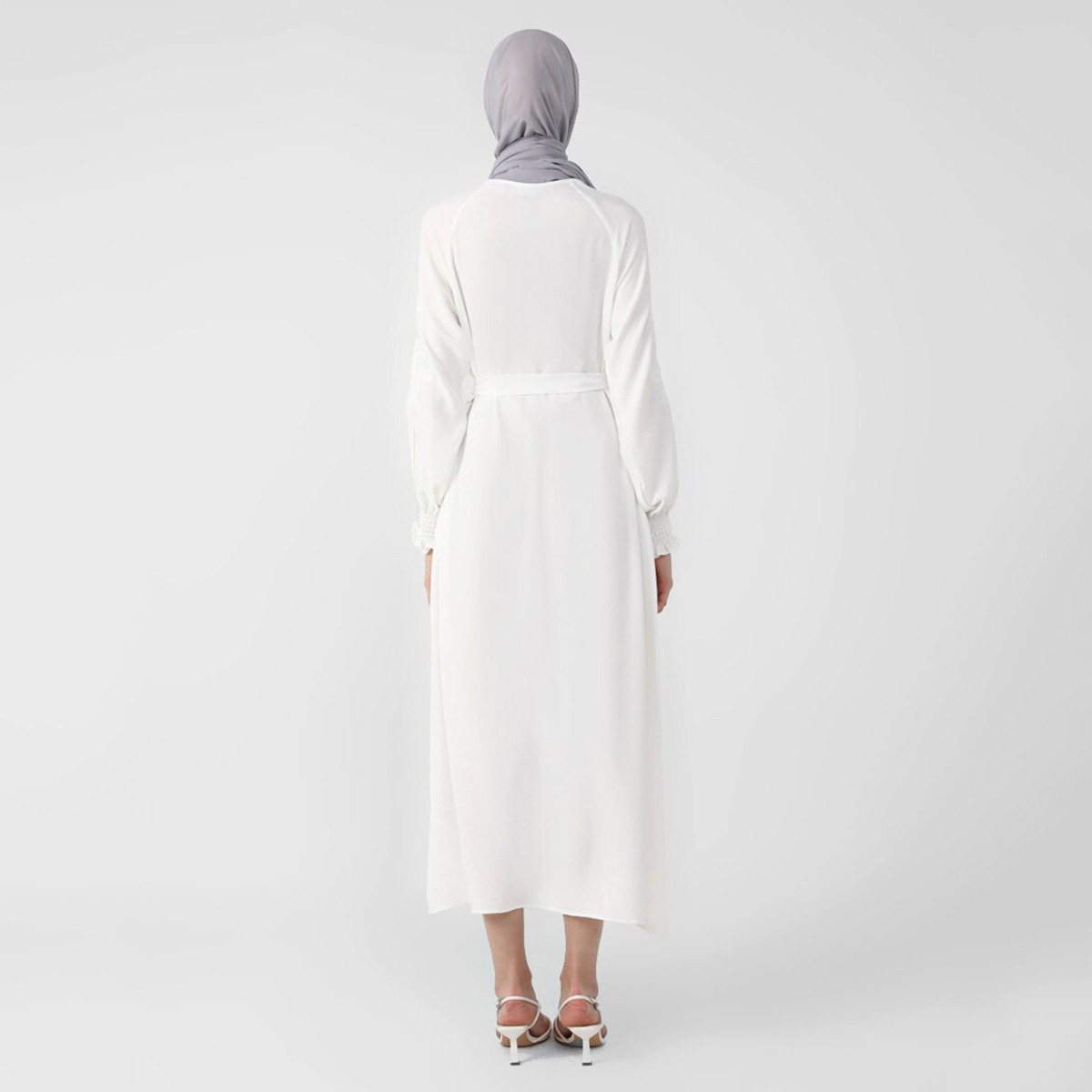 فستان مودانيسا نسائي ابیض سادة بحزام مع زر للإغلاق-women-clothing-dresses-image-5