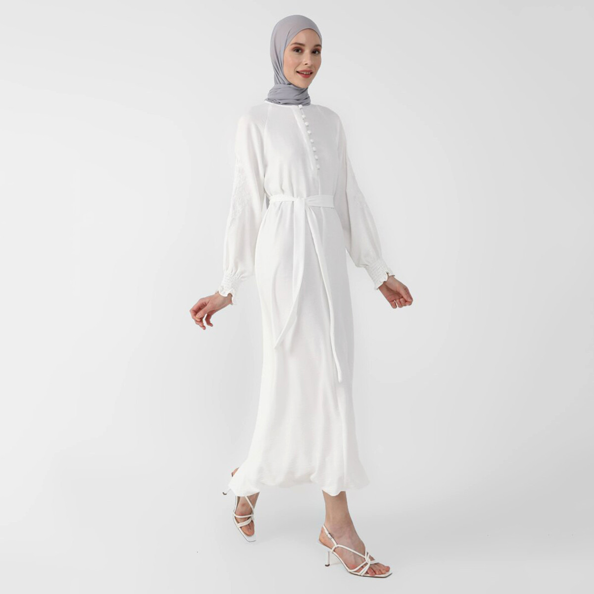 فستان مودانيسا نسائي ابیض سادة بحزام مع زر للإغلاق-women-clothing-dresses-image-6