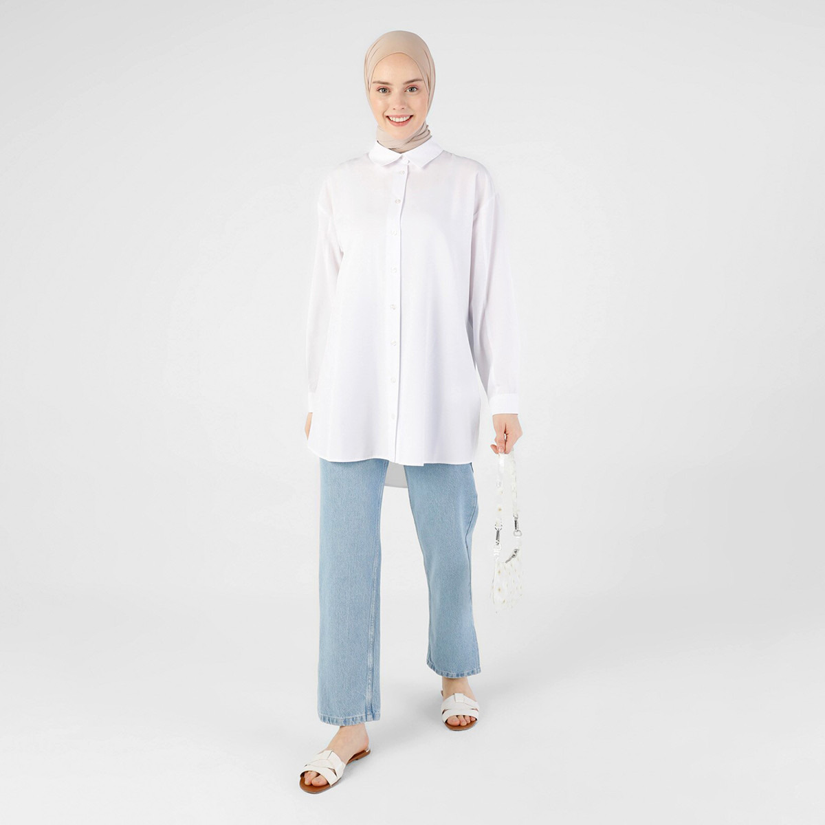 تونيك نسائي من مودانيسا بلون ابیض سادة برقبة دائرية مع ازرار-women-clothing-shirtsandblouses-blouses-image-7