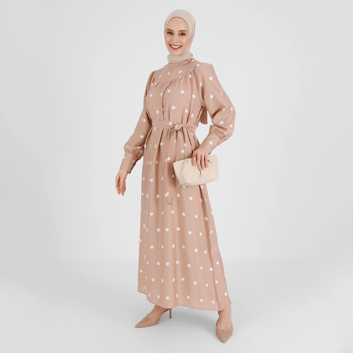Modanisa Women Beige Polka Dot Back Keyhole Button Dress with Tie Belt-women-clothing-dresses-image-1