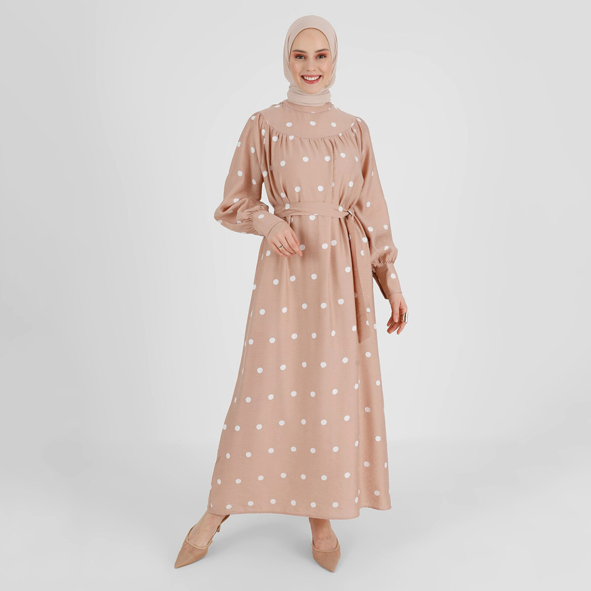 فستان مودانيسا نسائي بيج مع بولكا دوت وأزرار بفتحة خلفية مع حزام ربط-women-clothing-dresses-image-2