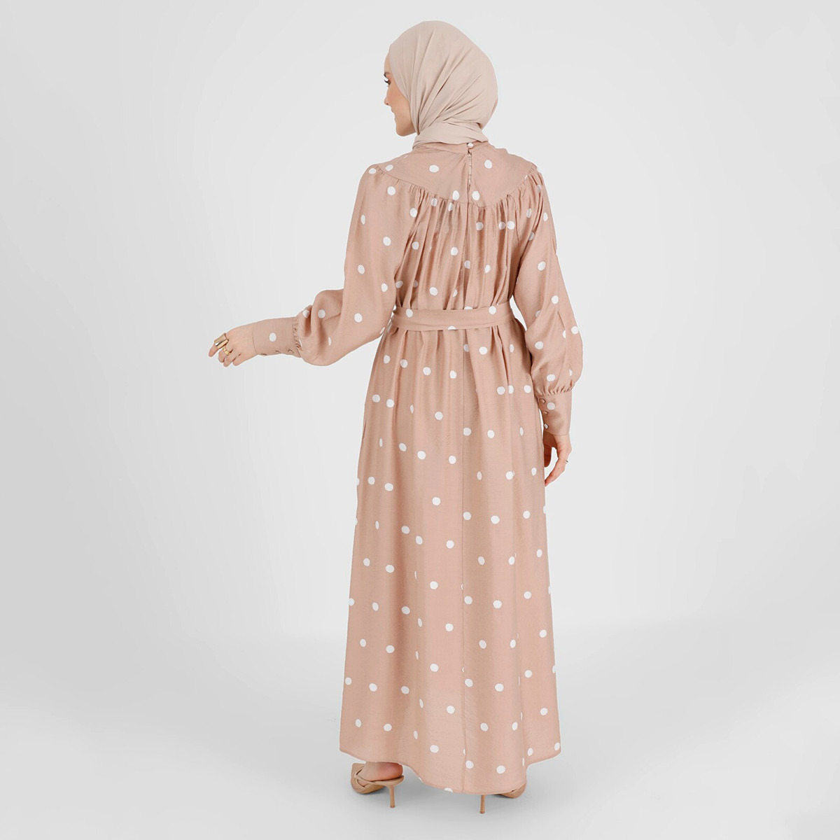 Modanisa Women Beige Polka Dot Back Keyhole Button Dress with Tie Belt-women-clothing-dresses-image-5