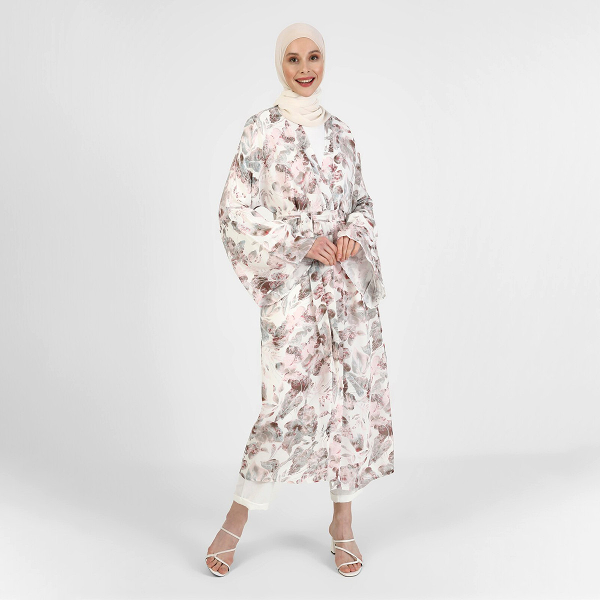 Modanisa Women Multicolour Floral V-Neck Tie Belt Abaya-women-arabicclothing-abayas-image-1