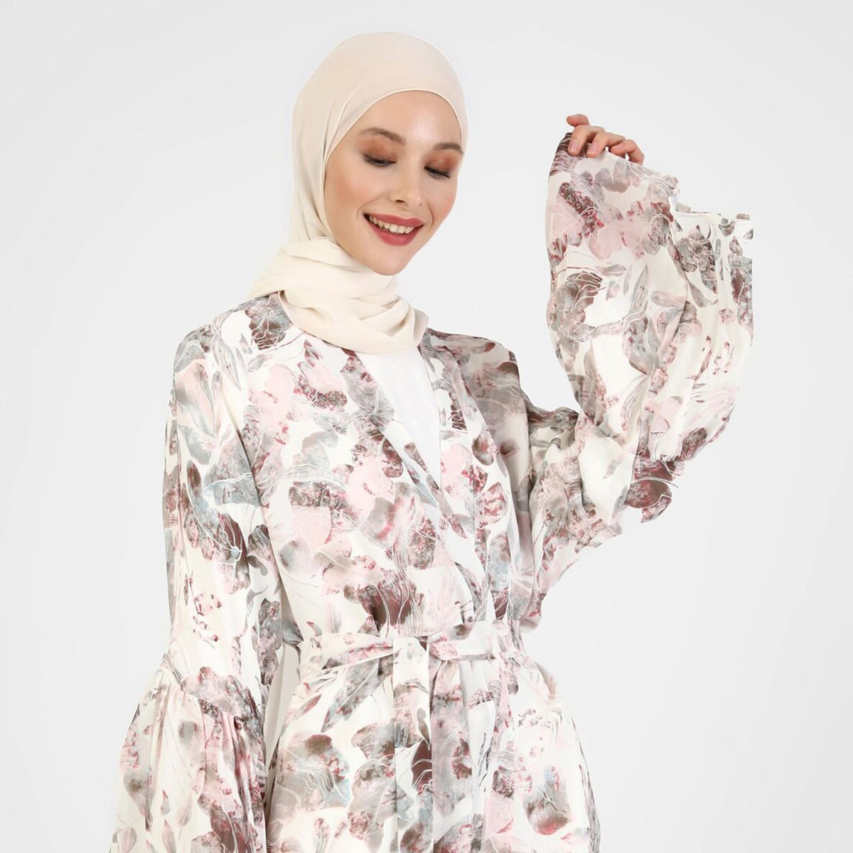 Modanisa Women Multicolour Floral V-Neck Tie Belt Abaya-women-arabicclothing-abayas-image-3