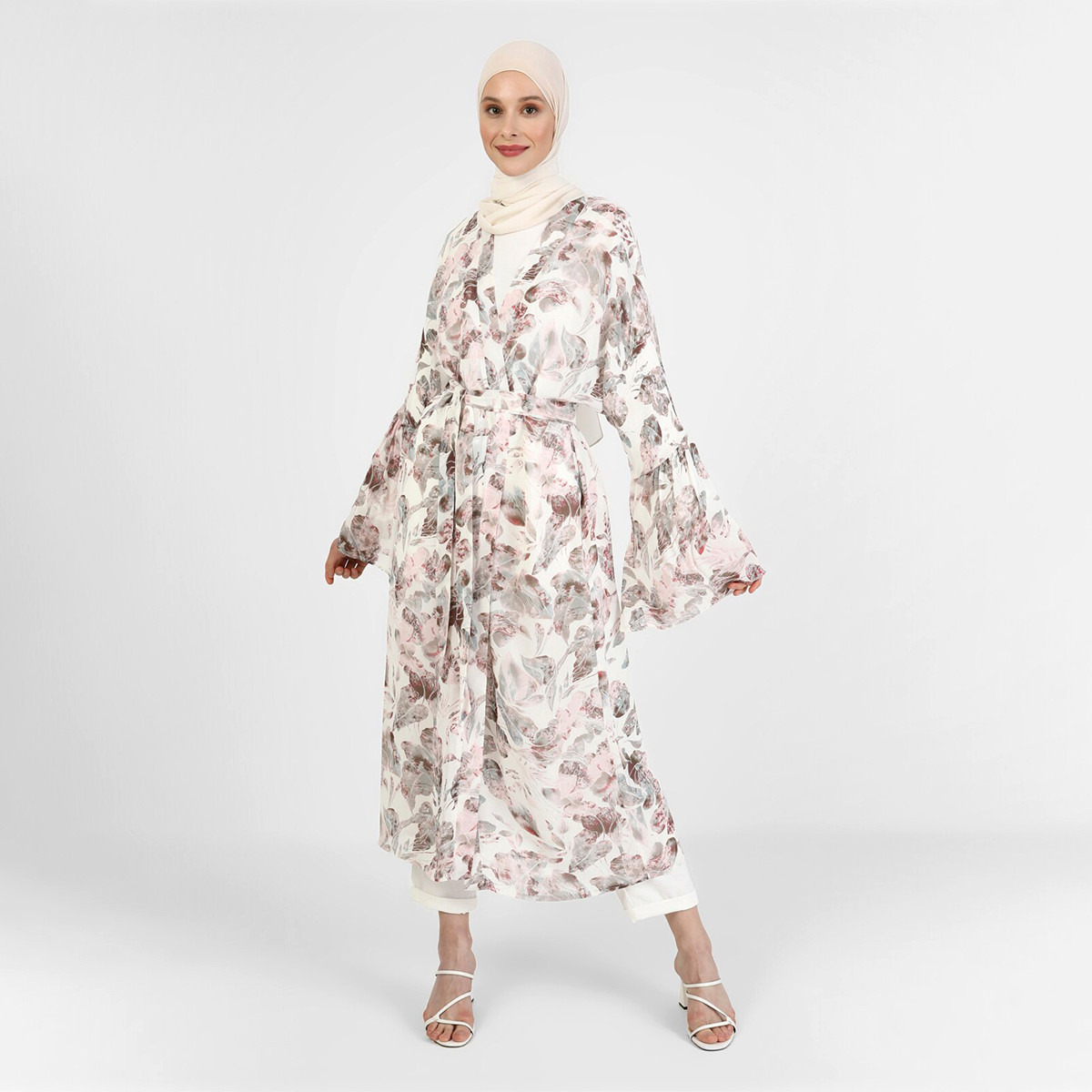 Modanisa Women Multicolour Floral V-Neck Tie Belt Abaya-women-arabicclothing-abayas-image-5