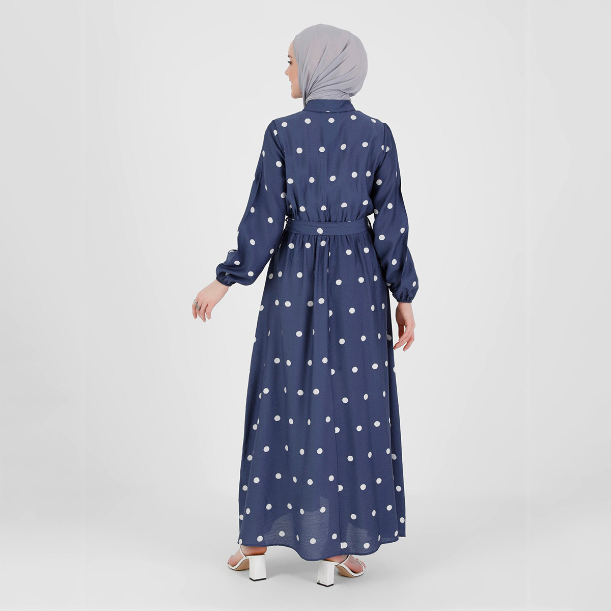 فستان مودانيسا نسائي ازرق مع بولكا دوت بحزام رقبة مع زر مخفي من بلاكيت-women-clothing-dresses-image-5