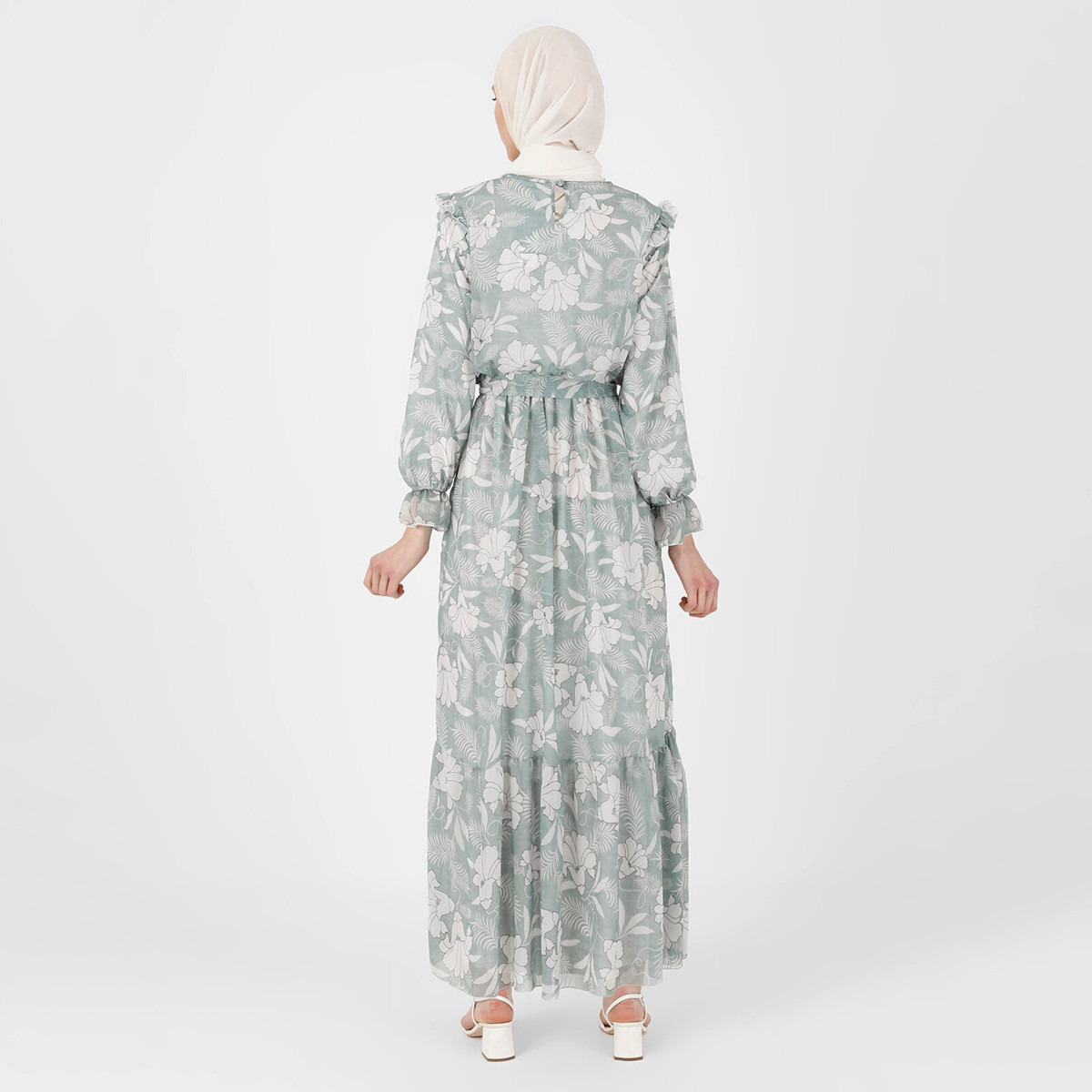 Modanisa Women Green Floral Tie Belt Crew Neck Dress-women-clothing-dresses-image-5