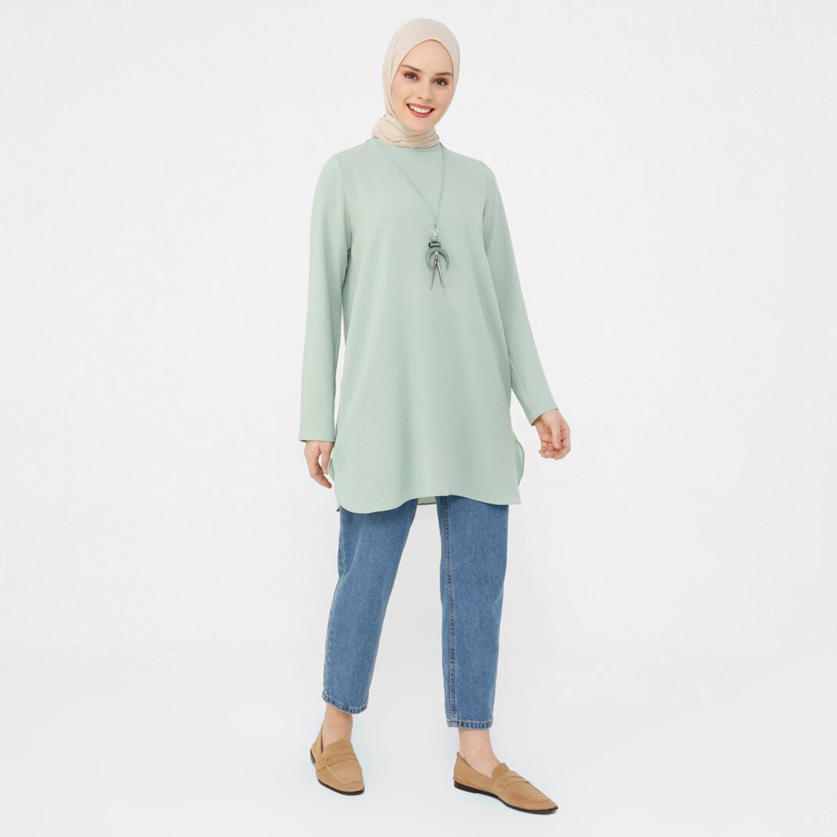 Modanisa Women Mint Solid Crew Neck Back Keyhole Button Tunic-women-clothing-shirtsandblouses-blouses-image-1