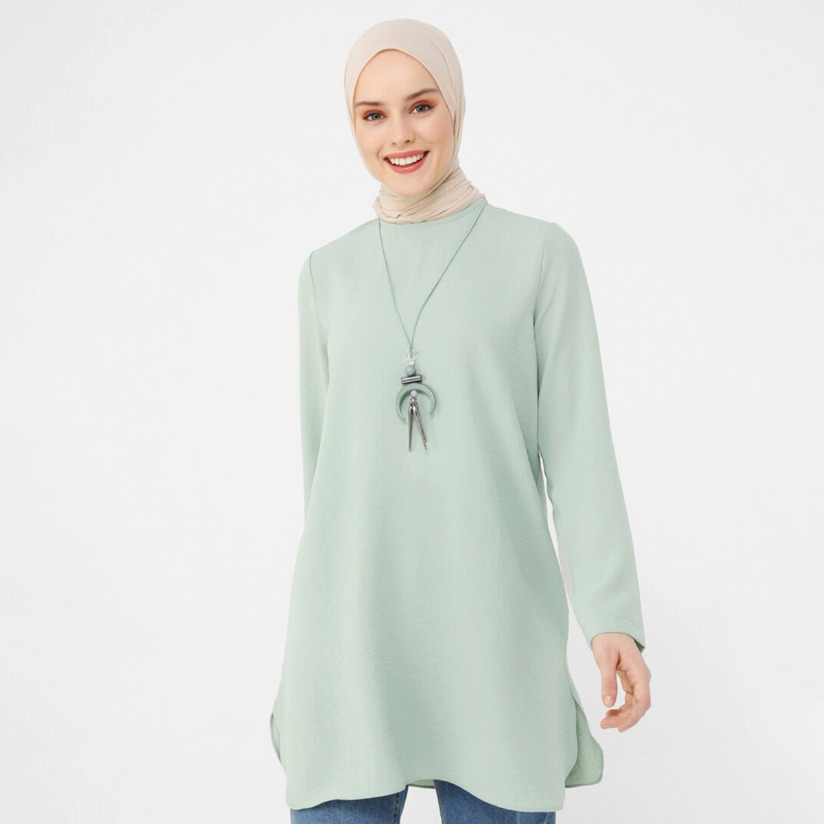 Modanisa Women Mint Solid Crew Neck Back Keyhole Button Tunic-women-clothing-shirtsandblouses-blouses-image-4