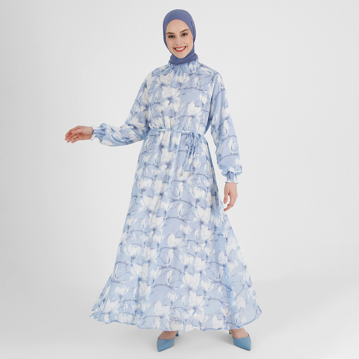 Modanisa Women Blue Floral Ruffled Neck Tie Front Jalabiya-women-clothing-dresses-image-1