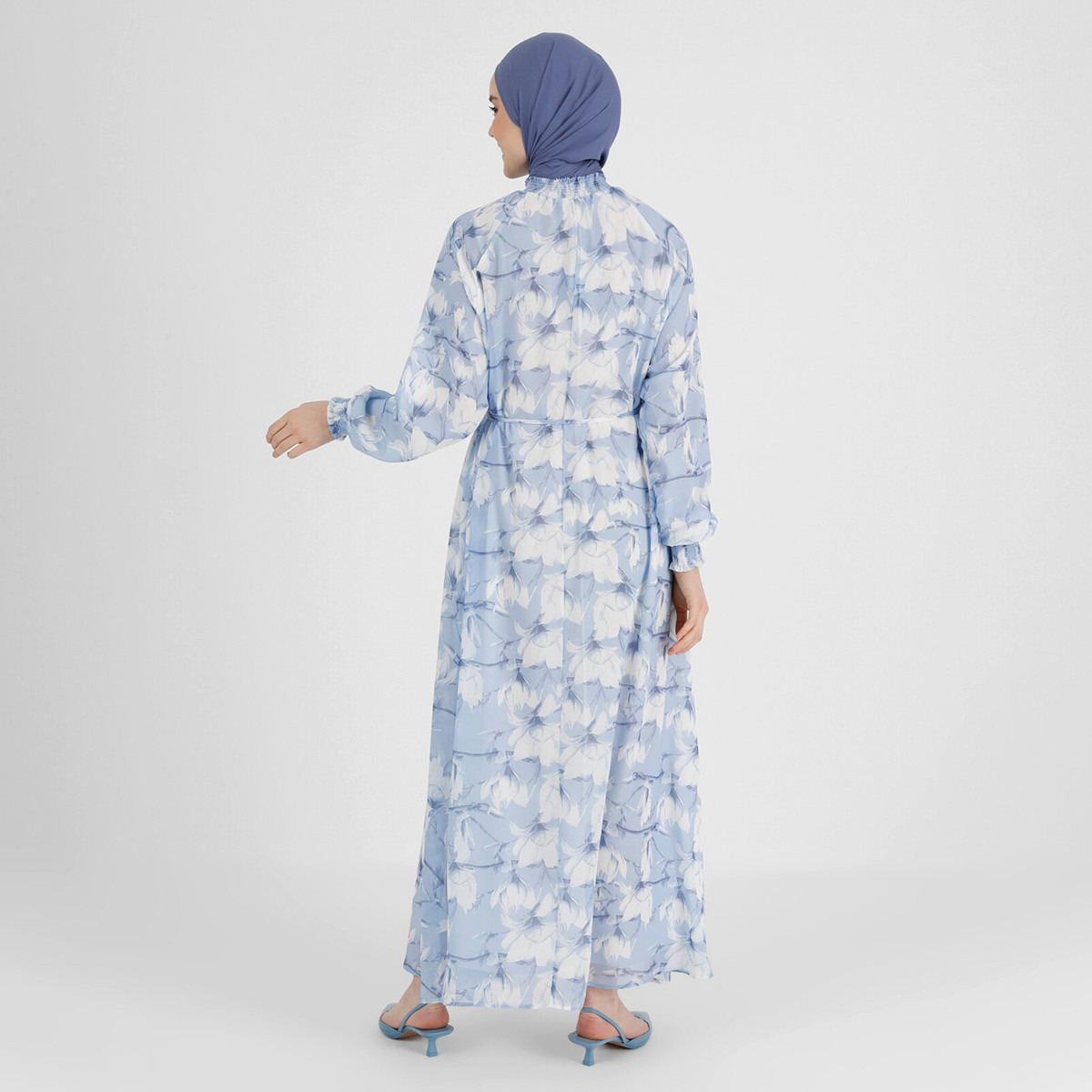 Modanisa Women Blue Floral Ruffled Neck Tie Front Jalabiya-women-clothing-dresses-image-2