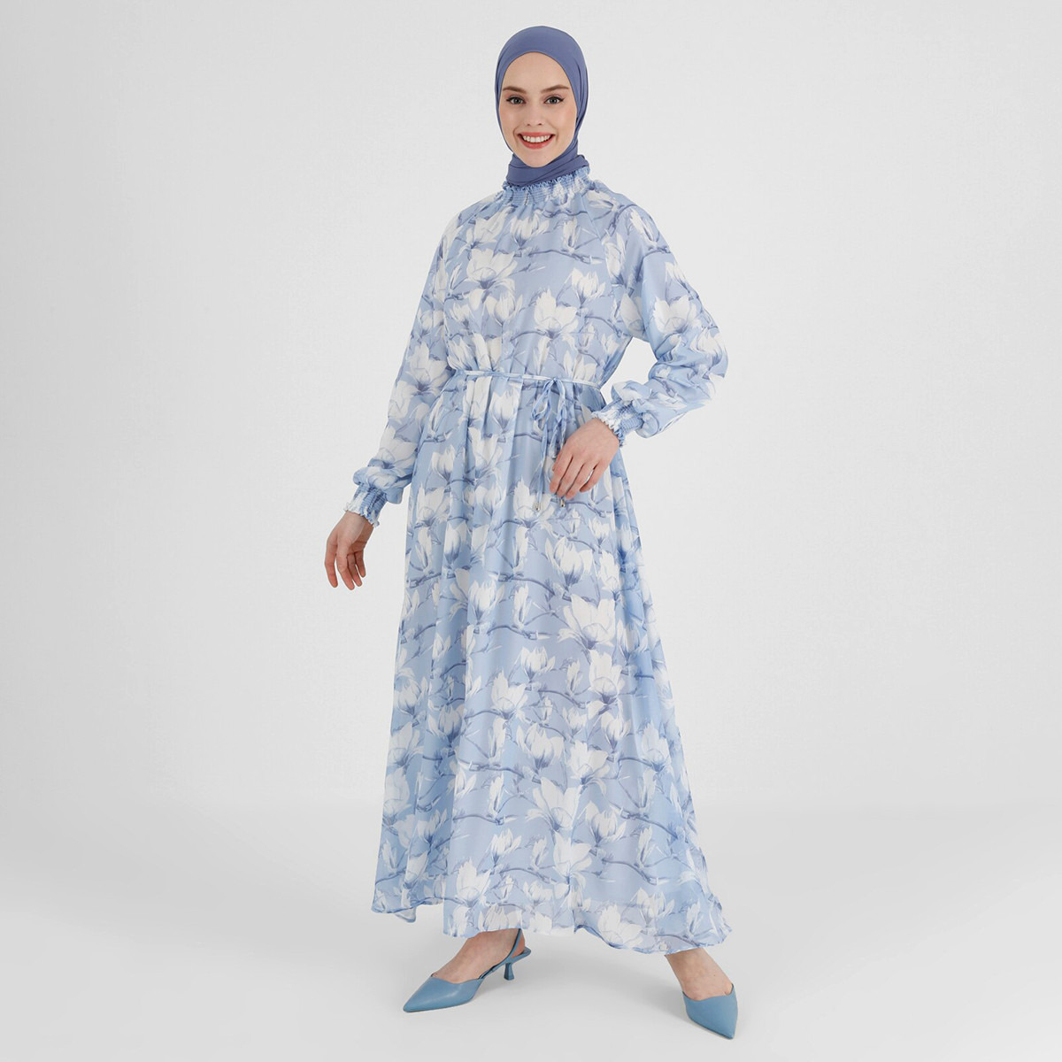 Modanisa Women Blue Floral Ruffled Neck Tie Front Jalabiya-women-clothing-dresses-image-3