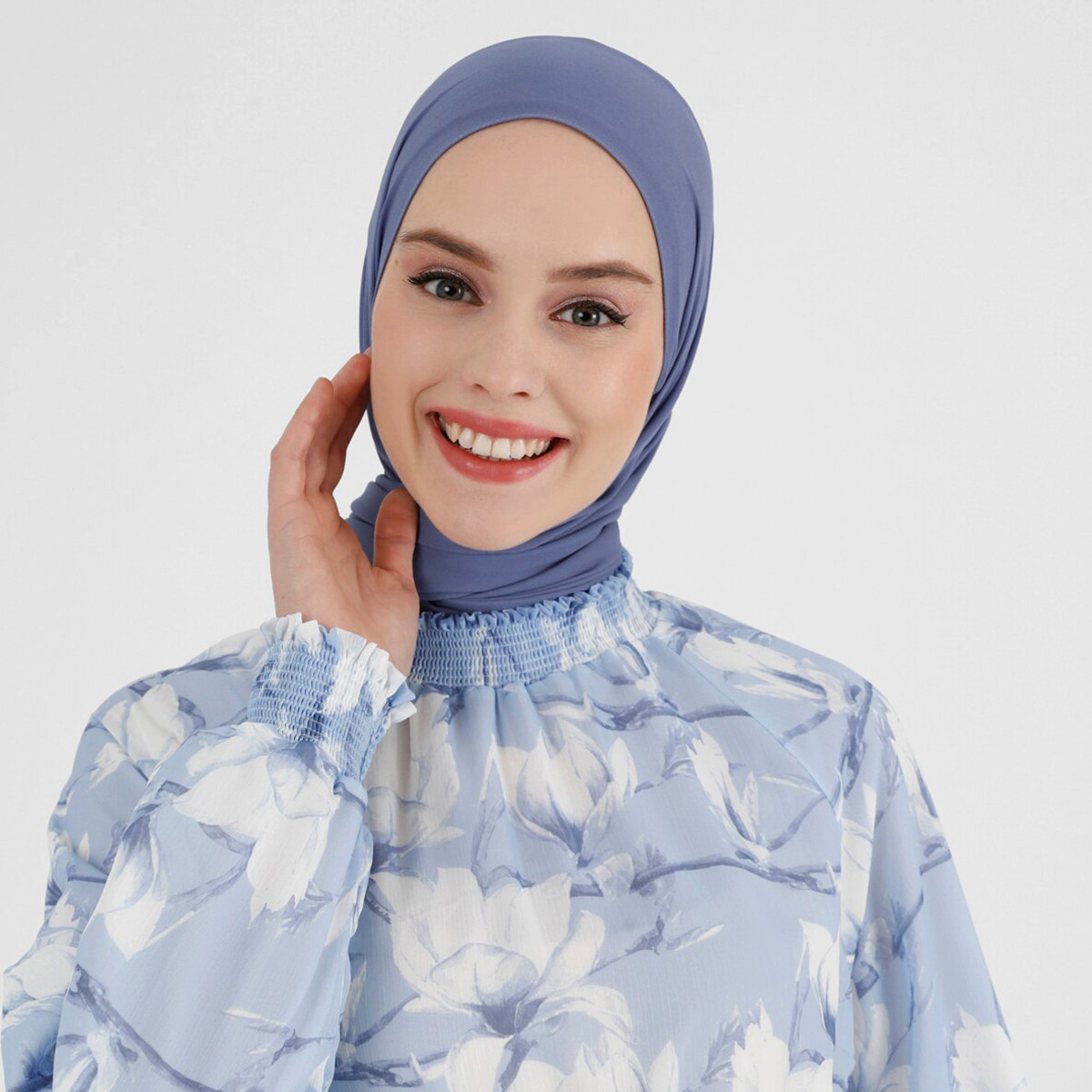 Modanisa Women Blue Floral Ruffled Neck Tie Front Jalabiya-women-clothing-dresses-image-5