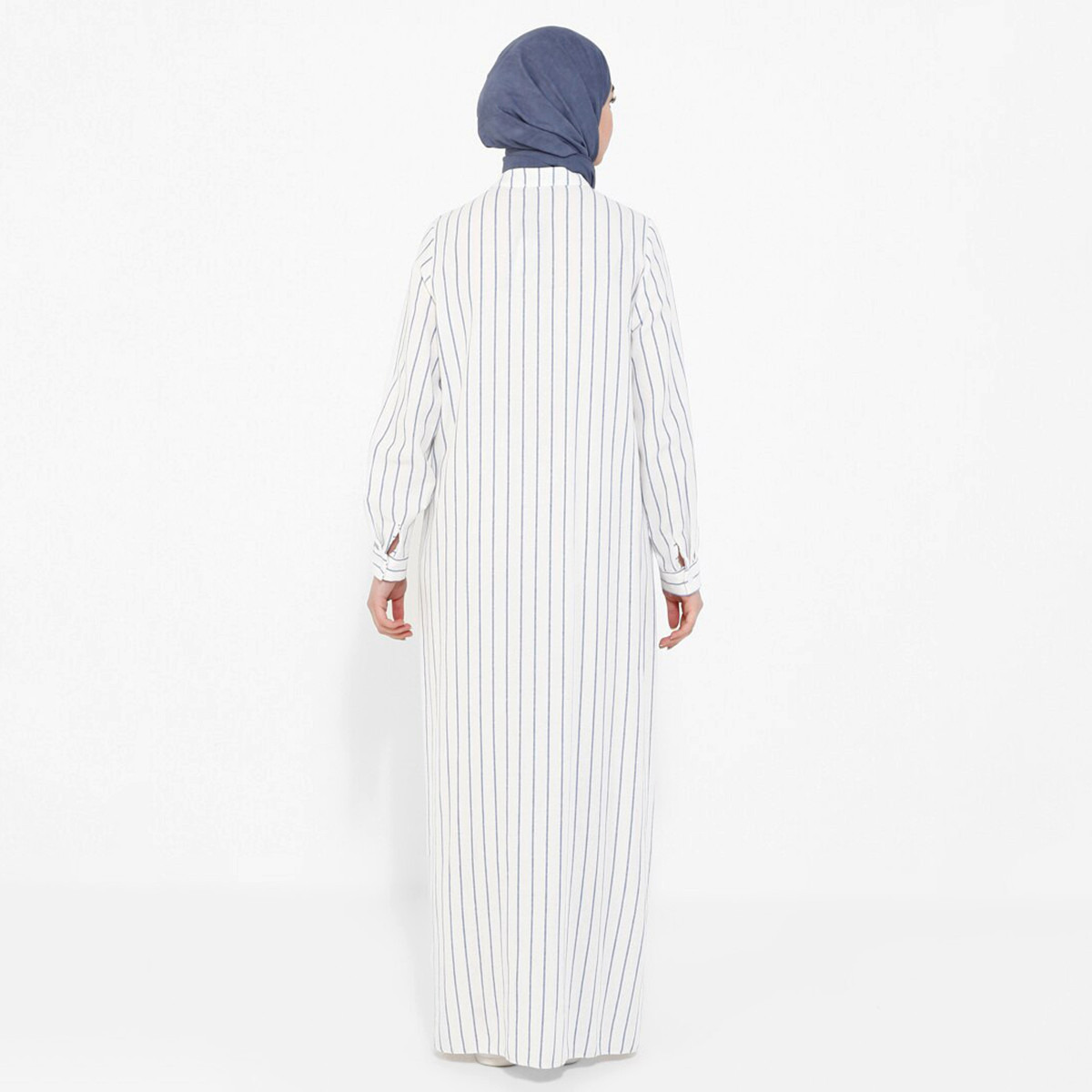 Modanisa Women Indigo Striped Mandarin Neck Buttoned Abaya-women-arabicclothing-abayas-image-2