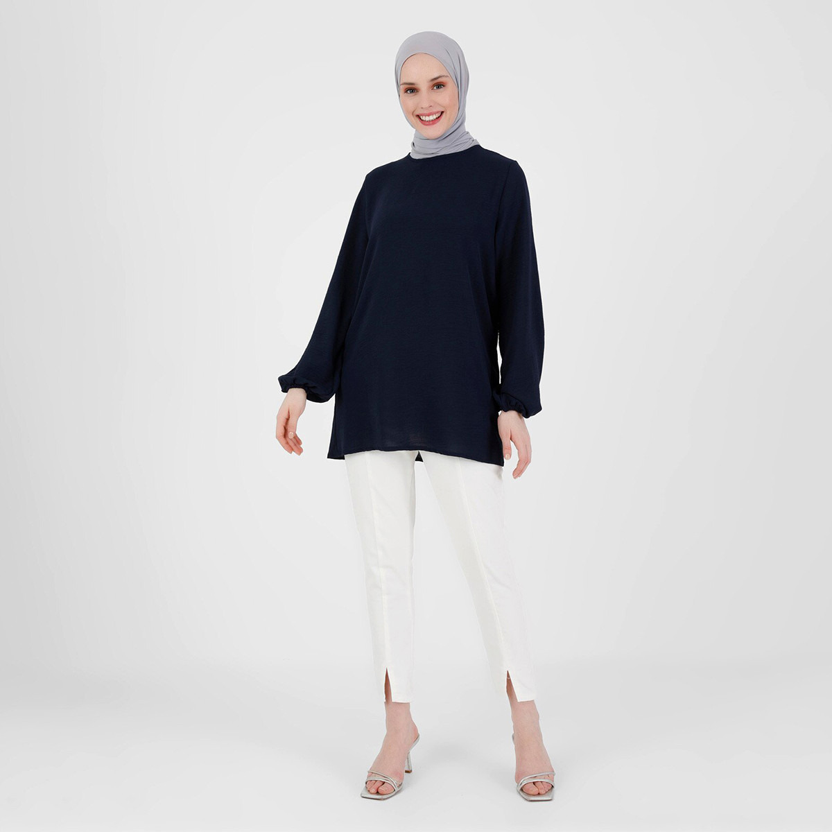 Modanisa Women Blue Solid Crew Neck Back Keyhole Button Blouse-women-clothing-shirtsandblouses-blouses-image-1