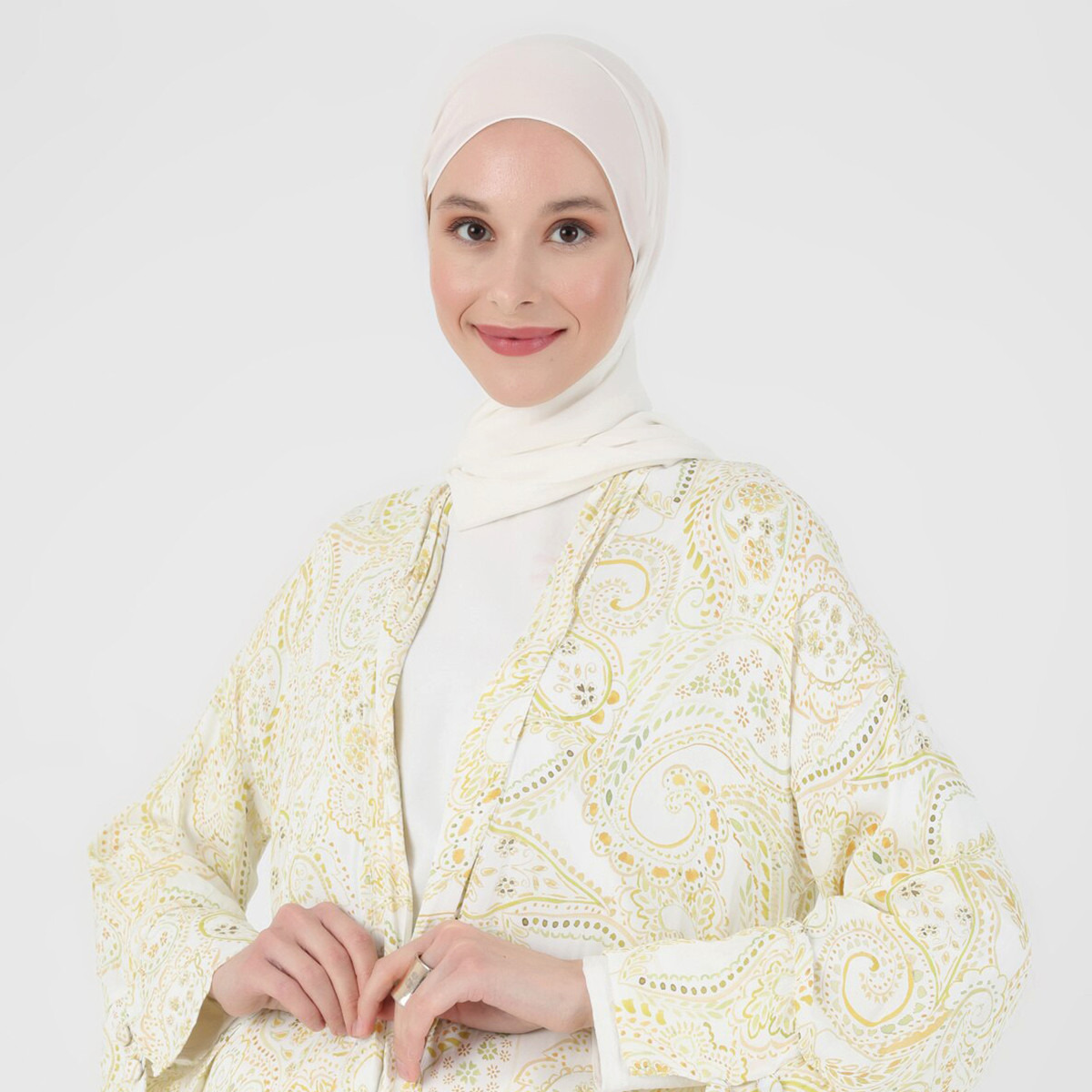 Modanisa Women Yellow Printed Open Front Abaya-women-arabicclothing-abayas-image-1