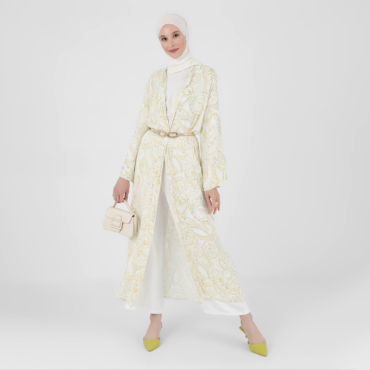 Modanisa Women Yellow Printed Open Front Abaya-women-arabicclothing-abayas-image-2