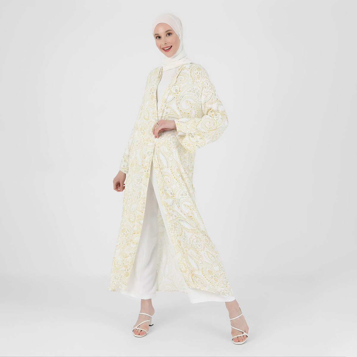 Modanisa Women Yellow Printed Open Front Abaya-women-arabicclothing-abayas-image-3