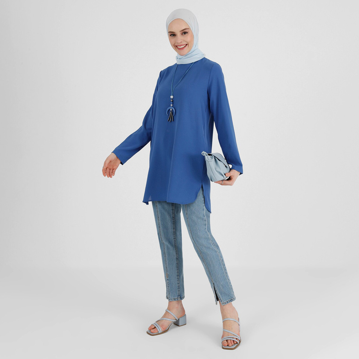 Modanisa Women Indigo Solid Crew Neck Back Keyhole Button Tunic-women-clothing-shirtsandblouses-blouses-image-1