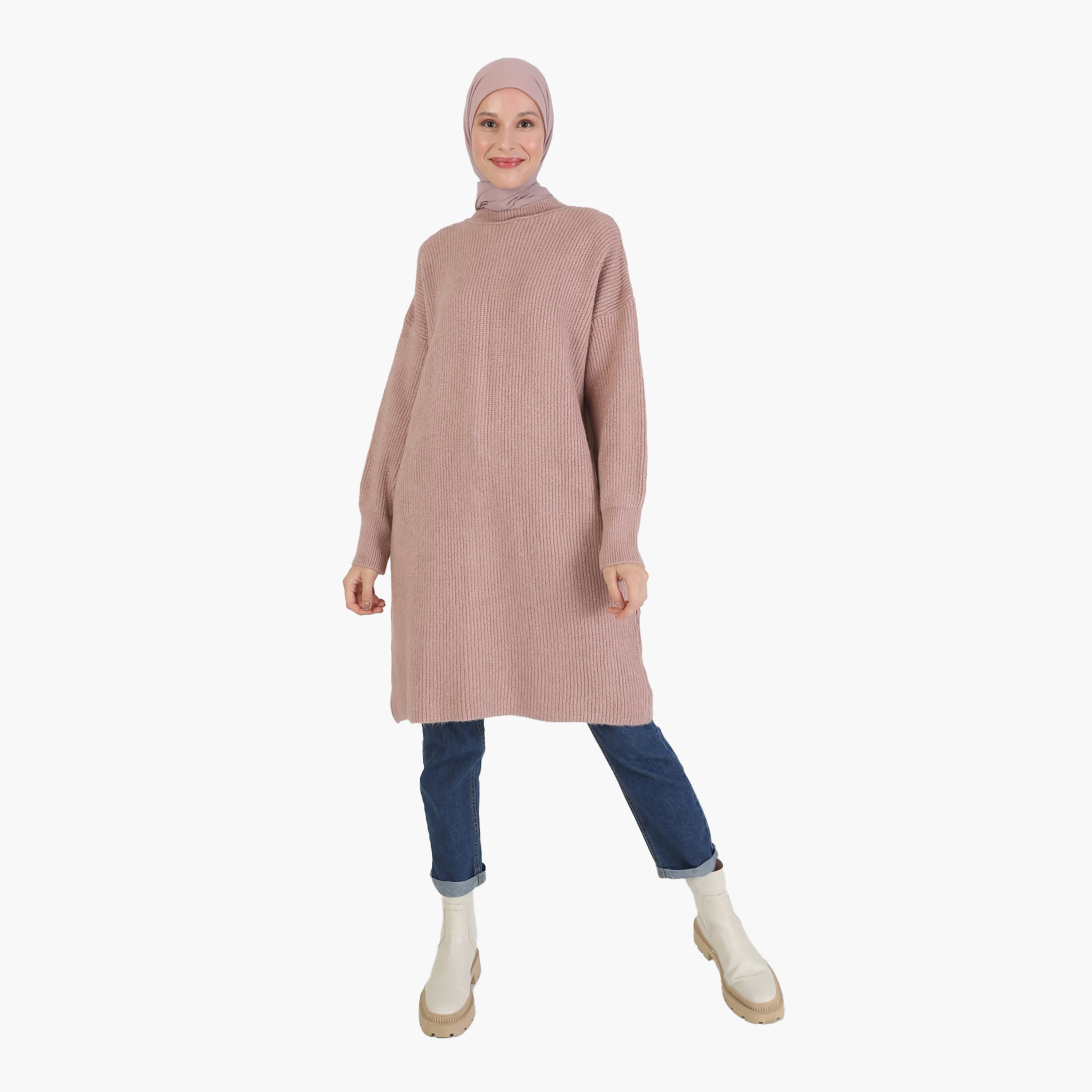 بلوزة تونيك منسوج مضلع بياقة دائرية من مودانيسا-women-clothing-shirtsandblouses-blouses-image-1