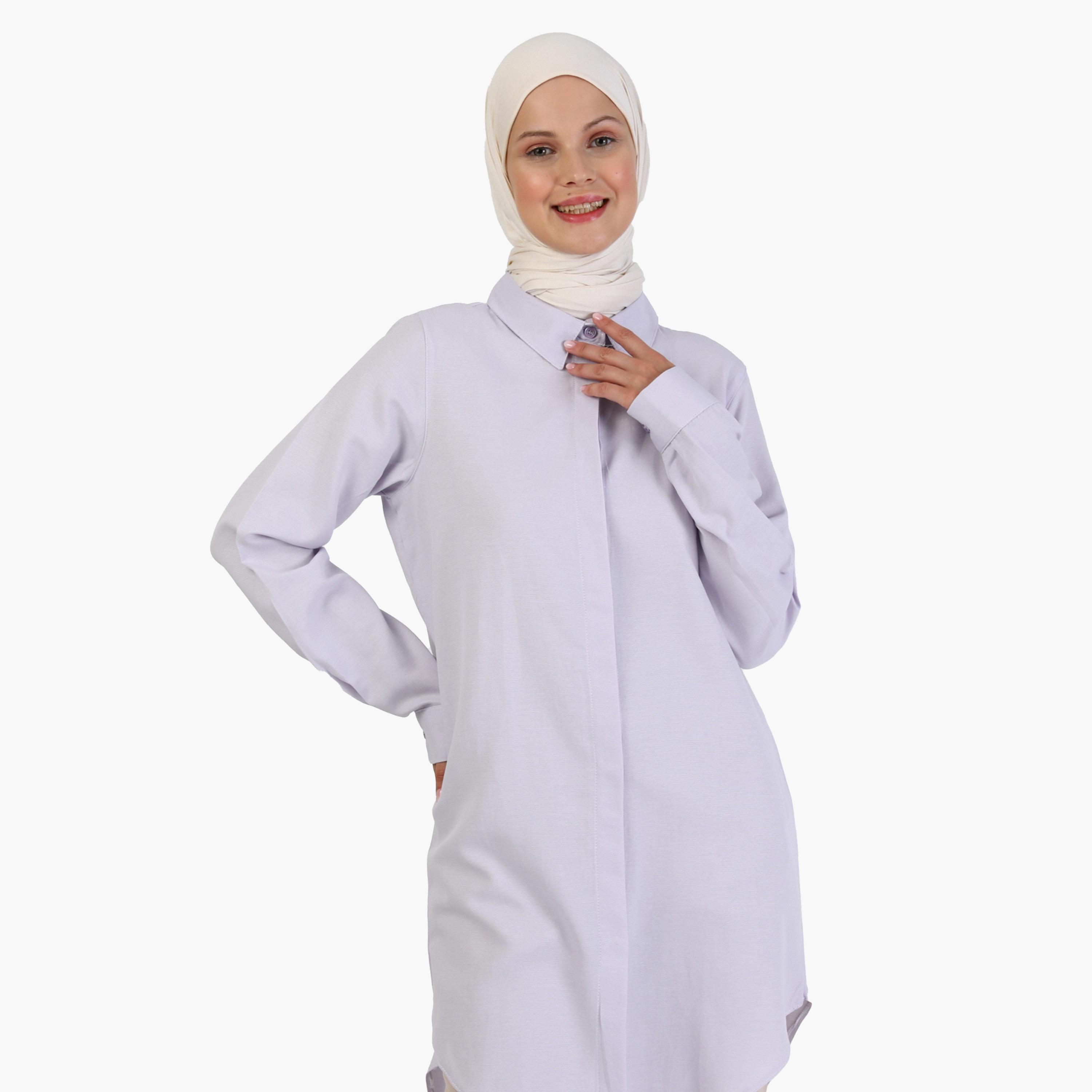 بلوزة تونيك سادة بياقة قميص وأكمام طويلة مع إغلاق الزر من مودانيشا-women-clothing-shirtsandblouses-blouses-image-2