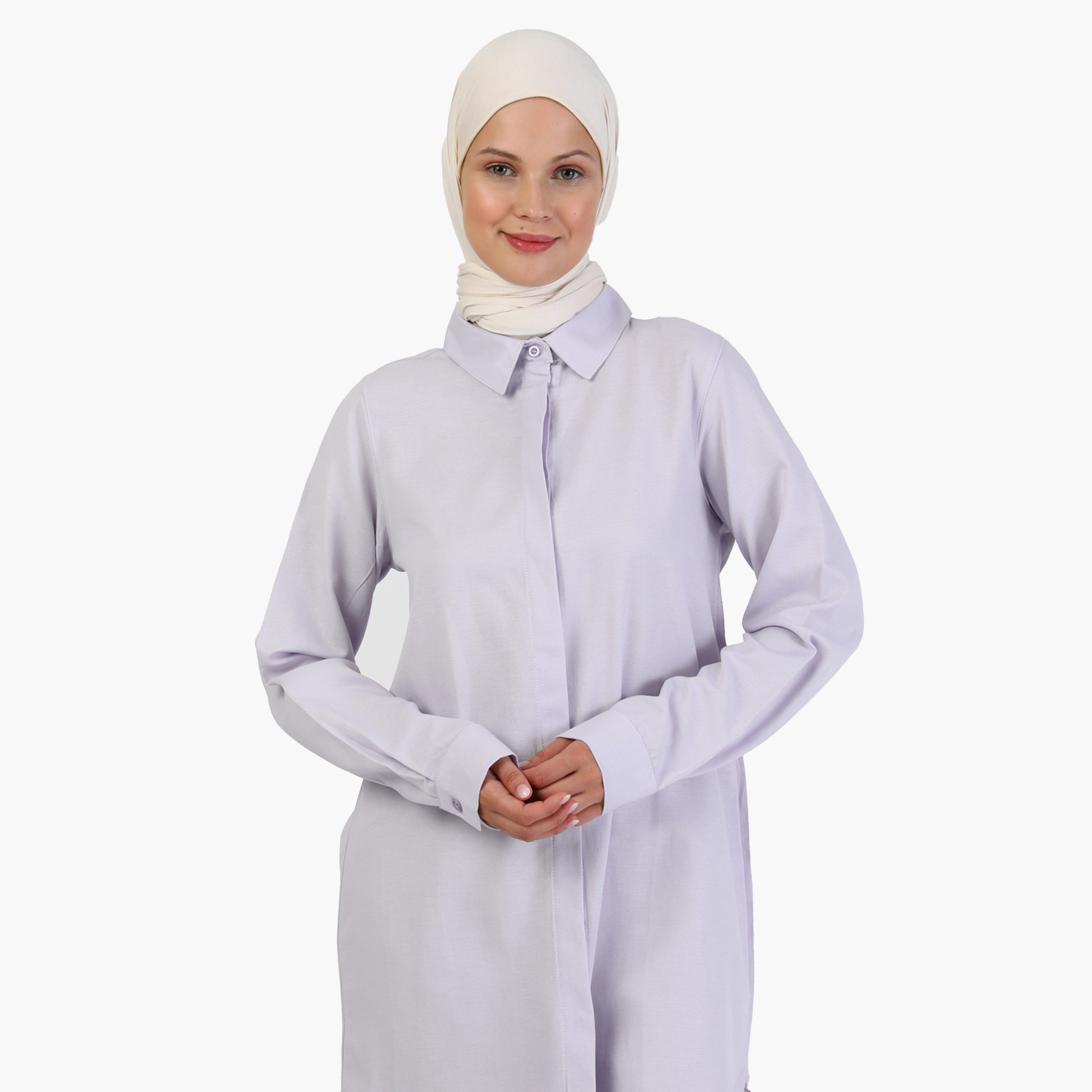 بلوزة تونيك سادة بياقة قميص وأكمام طويلة مع إغلاق الزر من مودانيشا-women-clothing-shirtsandblouses-blouses-image-3