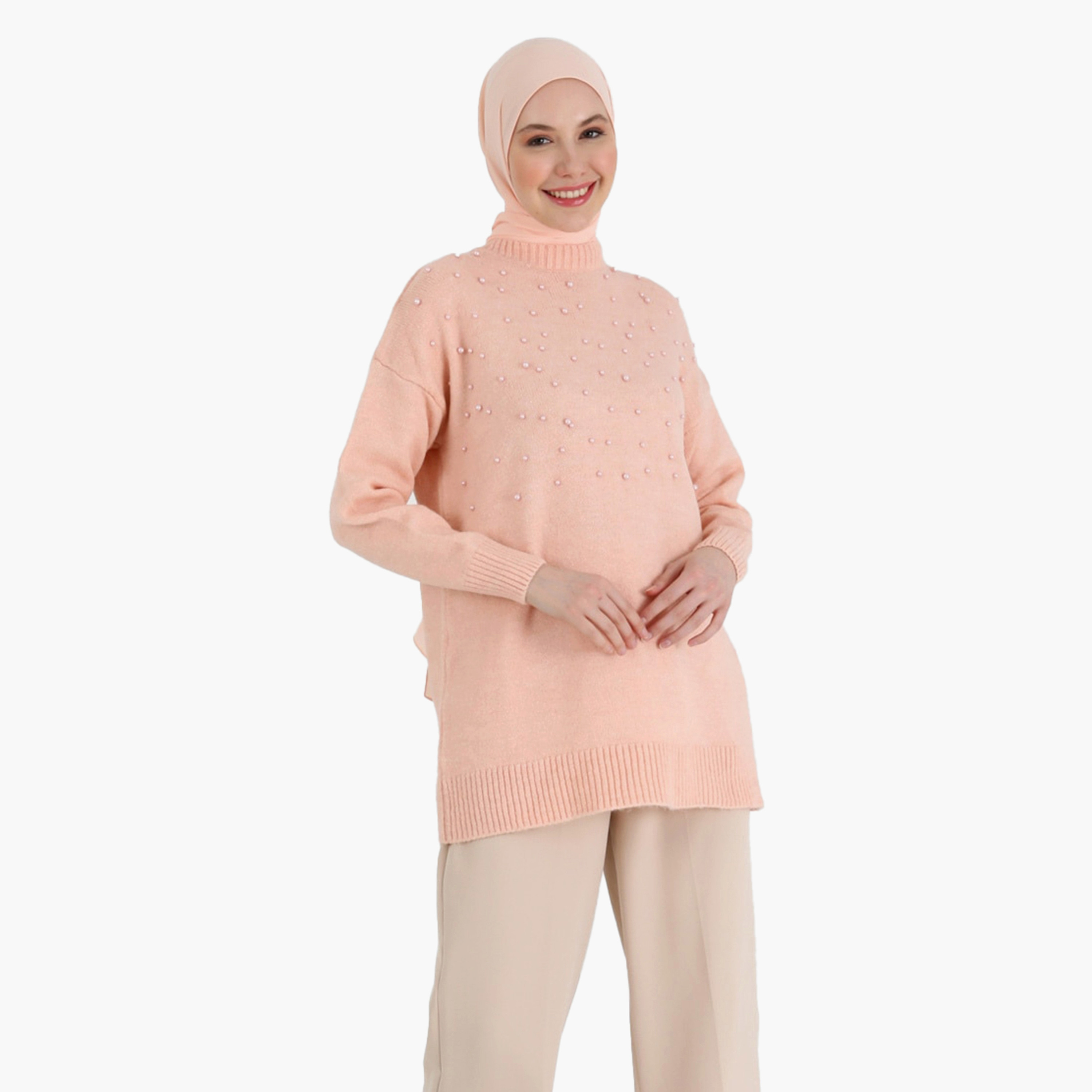 Modanisa High Neck Knit Tunic with Pear Detail-women-clothing-shirtsandblouses-blouses-image-1