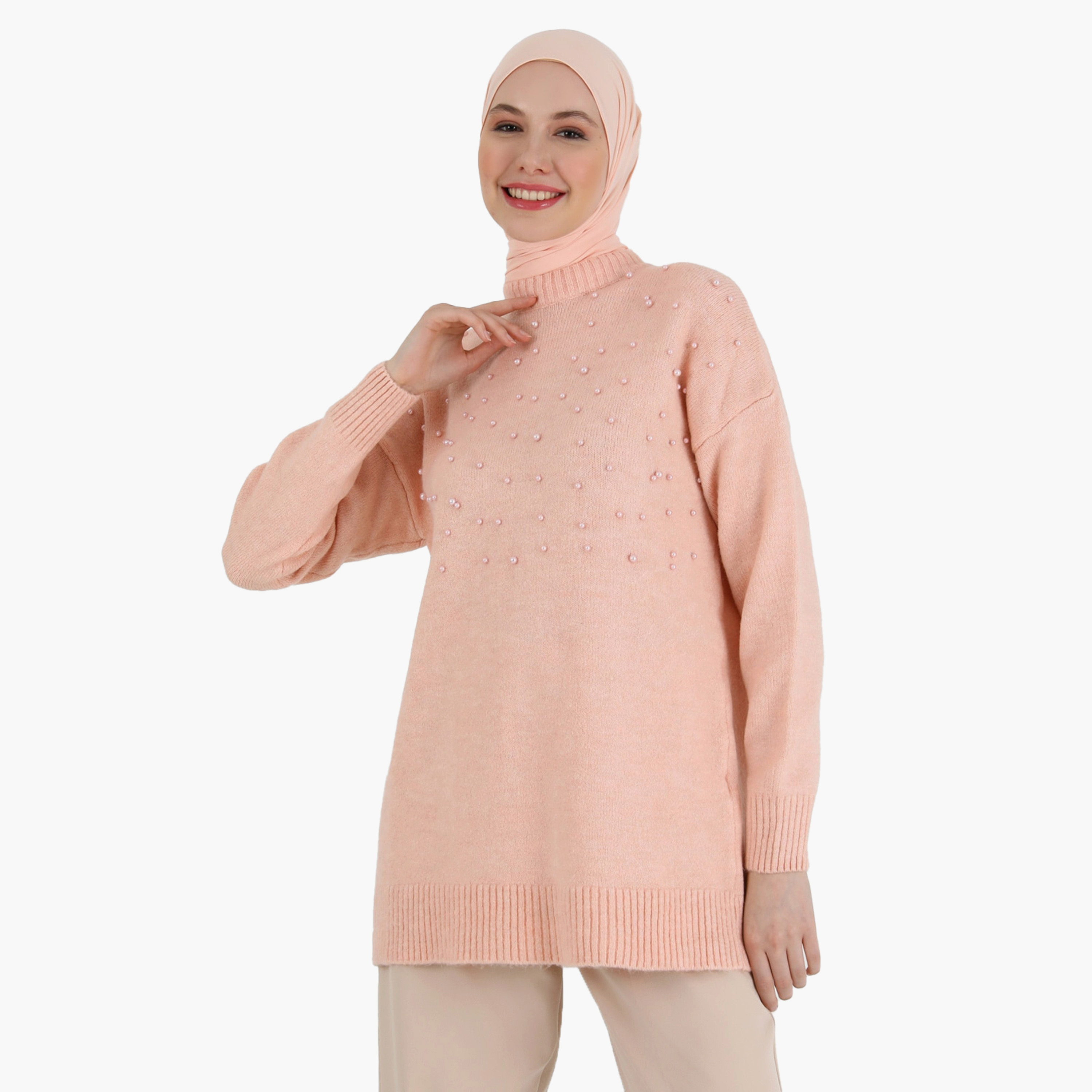 Modanisa High Neck Knit Tunic with Pear Detail-women-clothing-shirtsandblouses-blouses-image-3