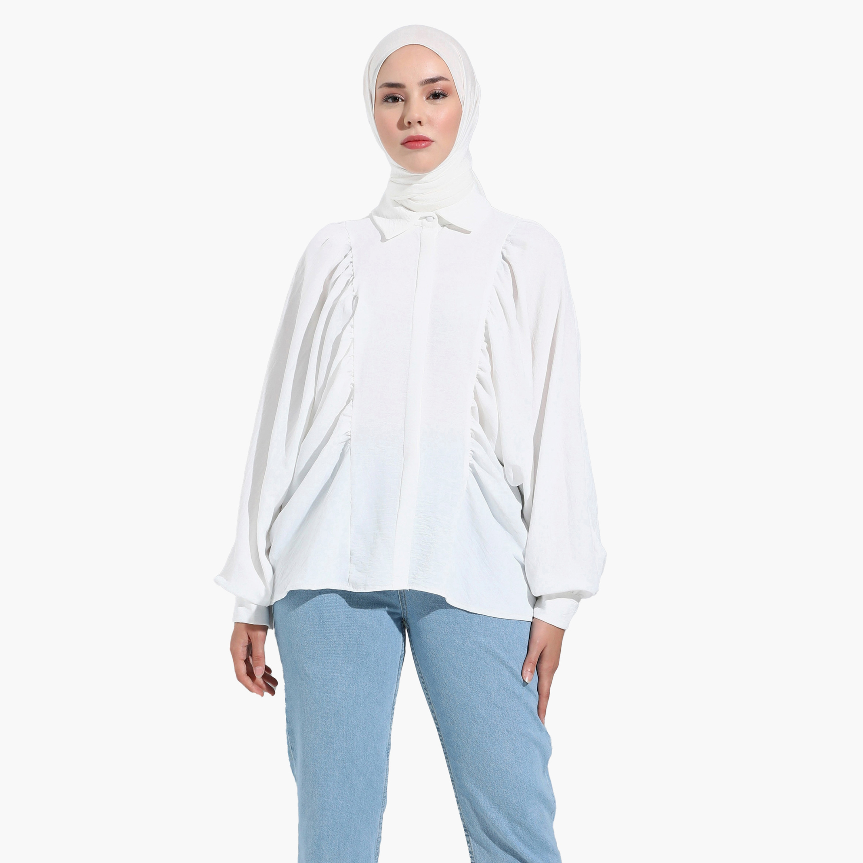 قميص سادة بياقة قميص وأكمام طويلة مع إغلاق الزر من مودانيشا-women-clothing-shirtsandblouses-blouses-image-1