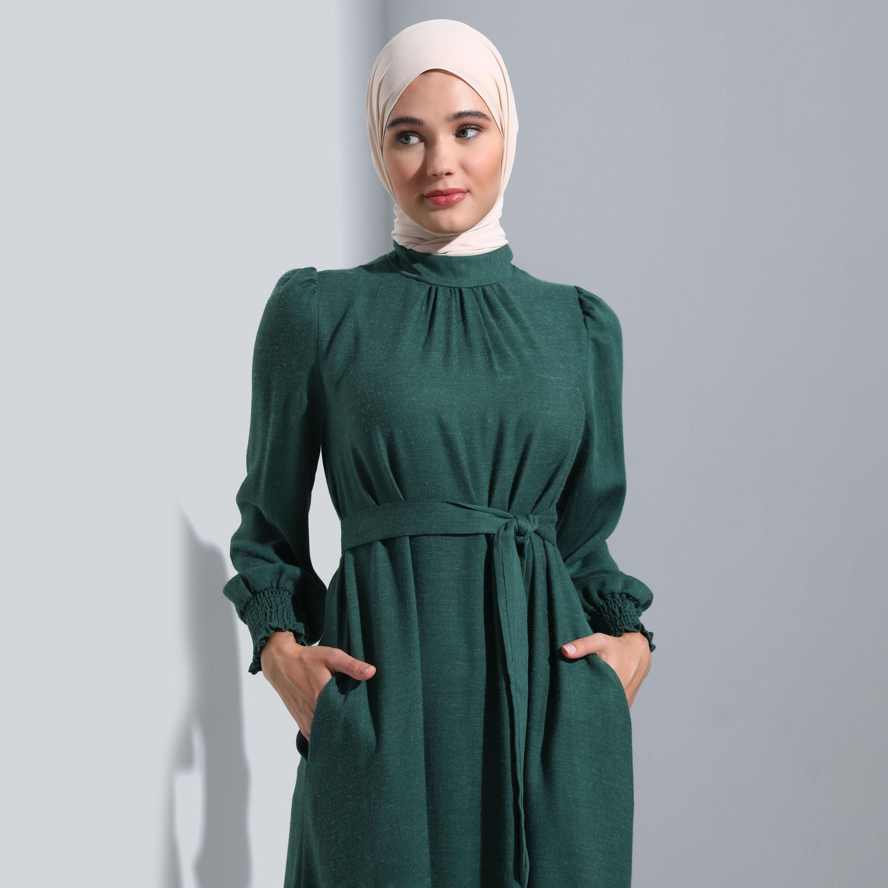 Modanisa Plain High Neck Front Tie-Up Belted Dress-women-clothing-dresses-image-2