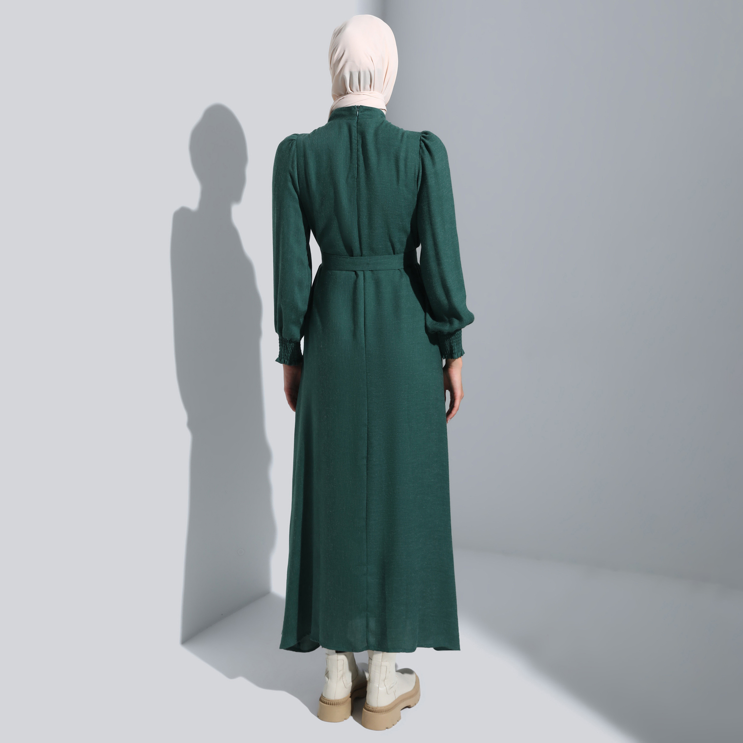فستان مودانيسا سادة بياقة عالية ورباط أمامي مع حزام-women-clothing-dresses-image-4