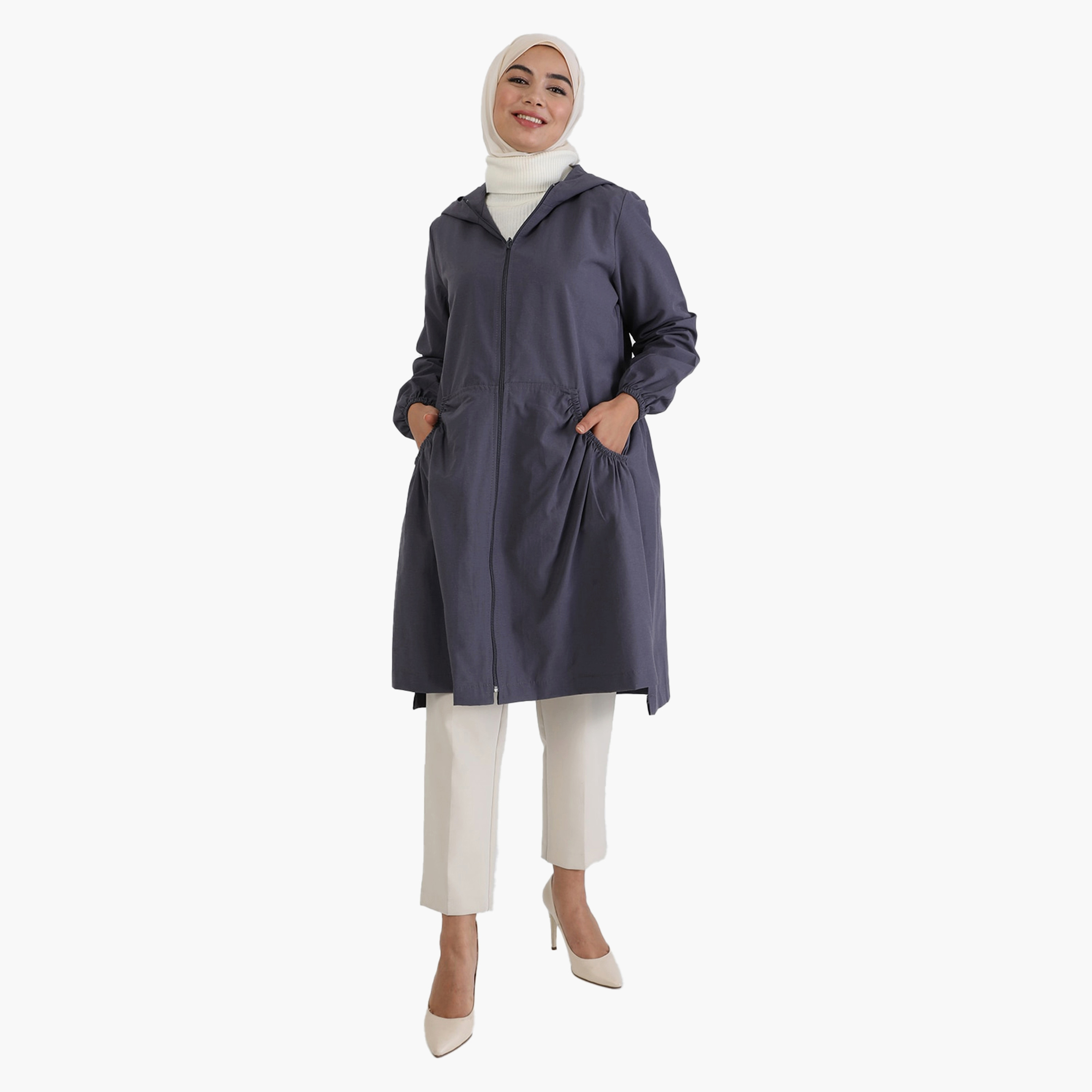 سترة سادة بغطاء رأس وسحاب مع جيب كنغر منفصل من مودانيسا-women-clothing-coatsandjackets-jackets-image-1