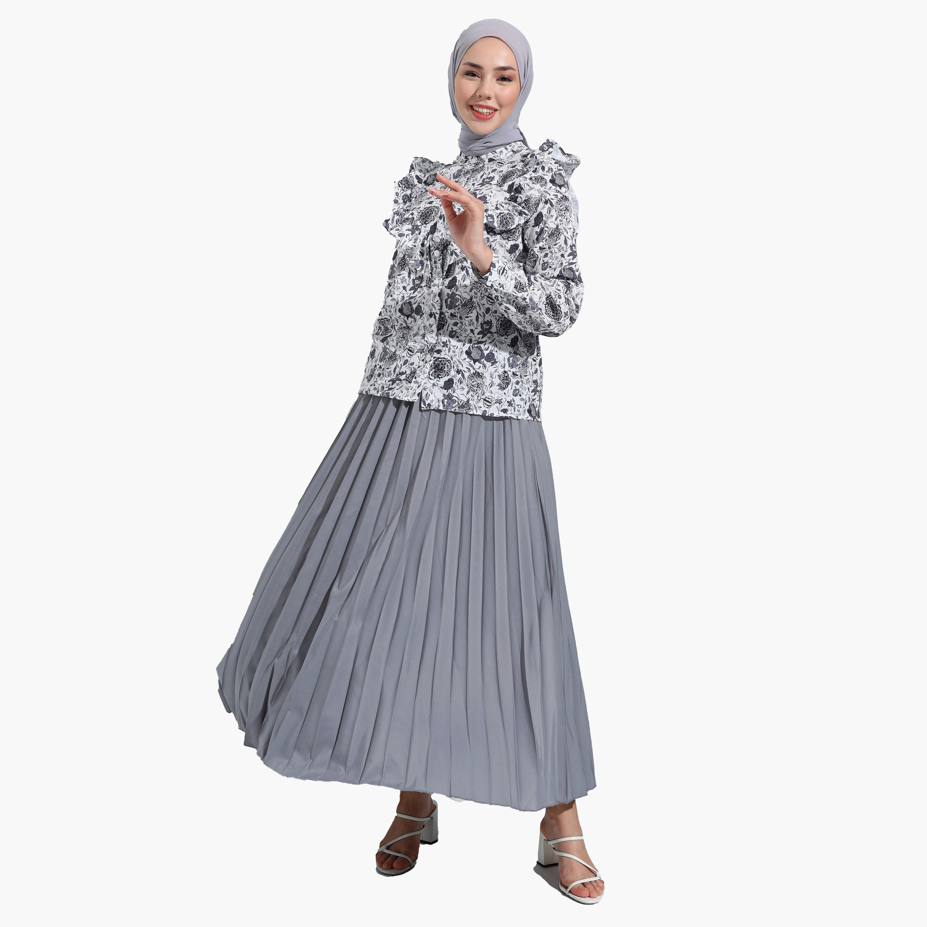Modanisa Printed Mandarin Collar Long Sleeves Top with Ruffle Detail-women-clothing-shirtsandblouses-blouses-image-2