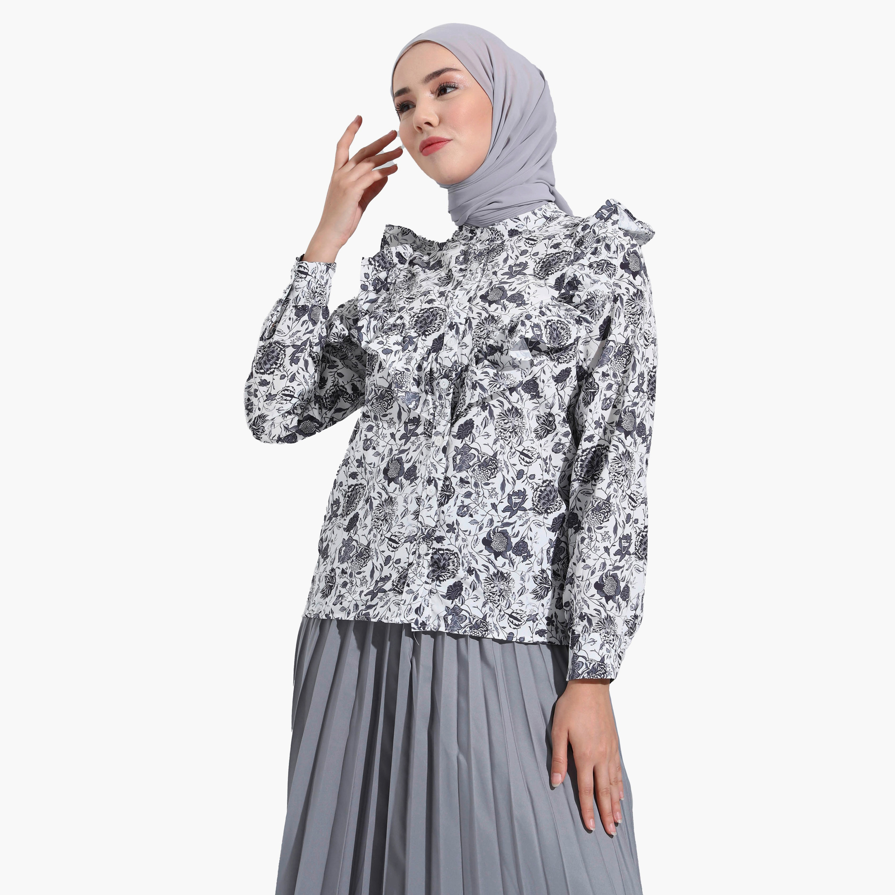 Modanisa Printed Mandarin Collar Long Sleeves Top with Ruffle Detail-women-clothing-shirtsandblouses-blouses-image-3